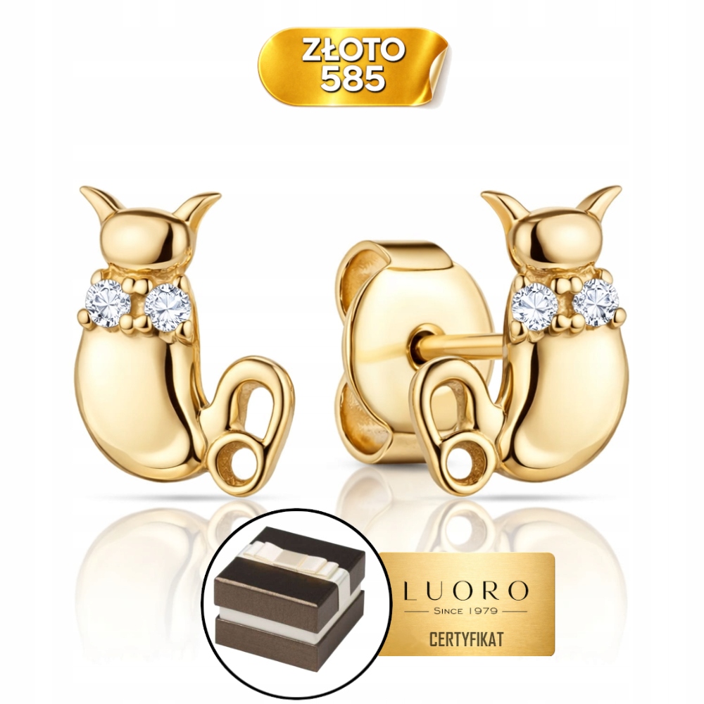 Zlaté Náušnice 585 14K Kočičky A Dvě Zirkony Krabička Dárek Certifikát