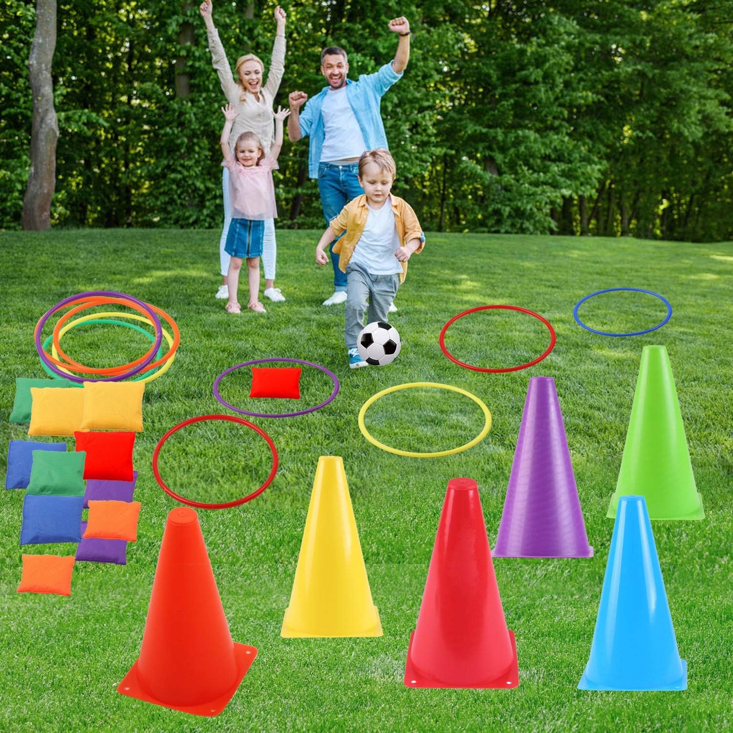 GRA ZRĘCZNOŚCIOWA RZUCANIE 3 W 1 MIĘKKIE PLASTIKOWE STOŻKI WORKI FASOLI Kolor wielokolorowy