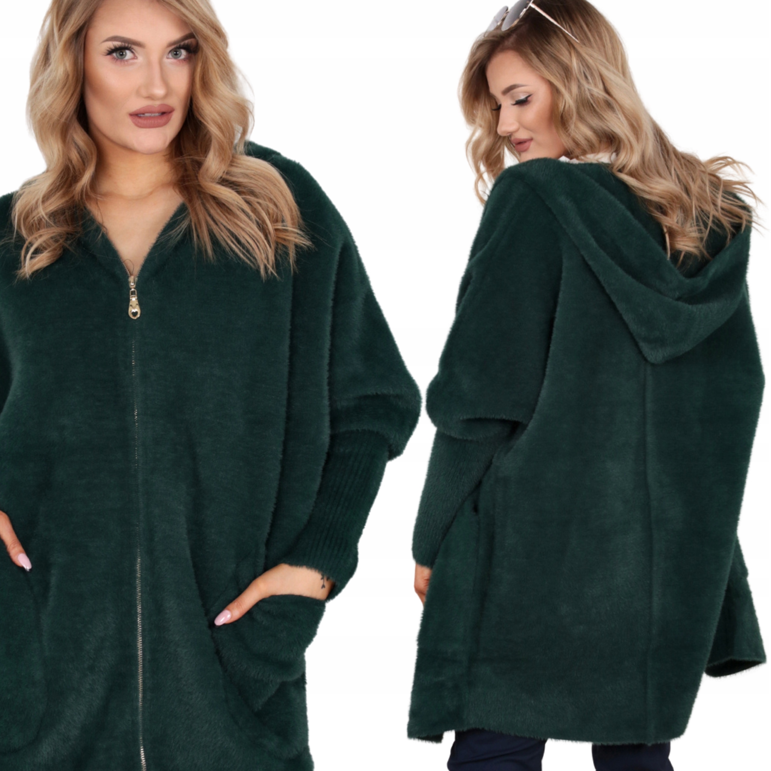 Alpaka Damska Płaszcz Kurtka Sweter Ciepła Długa Kaptur Suwak But Ziel 2022