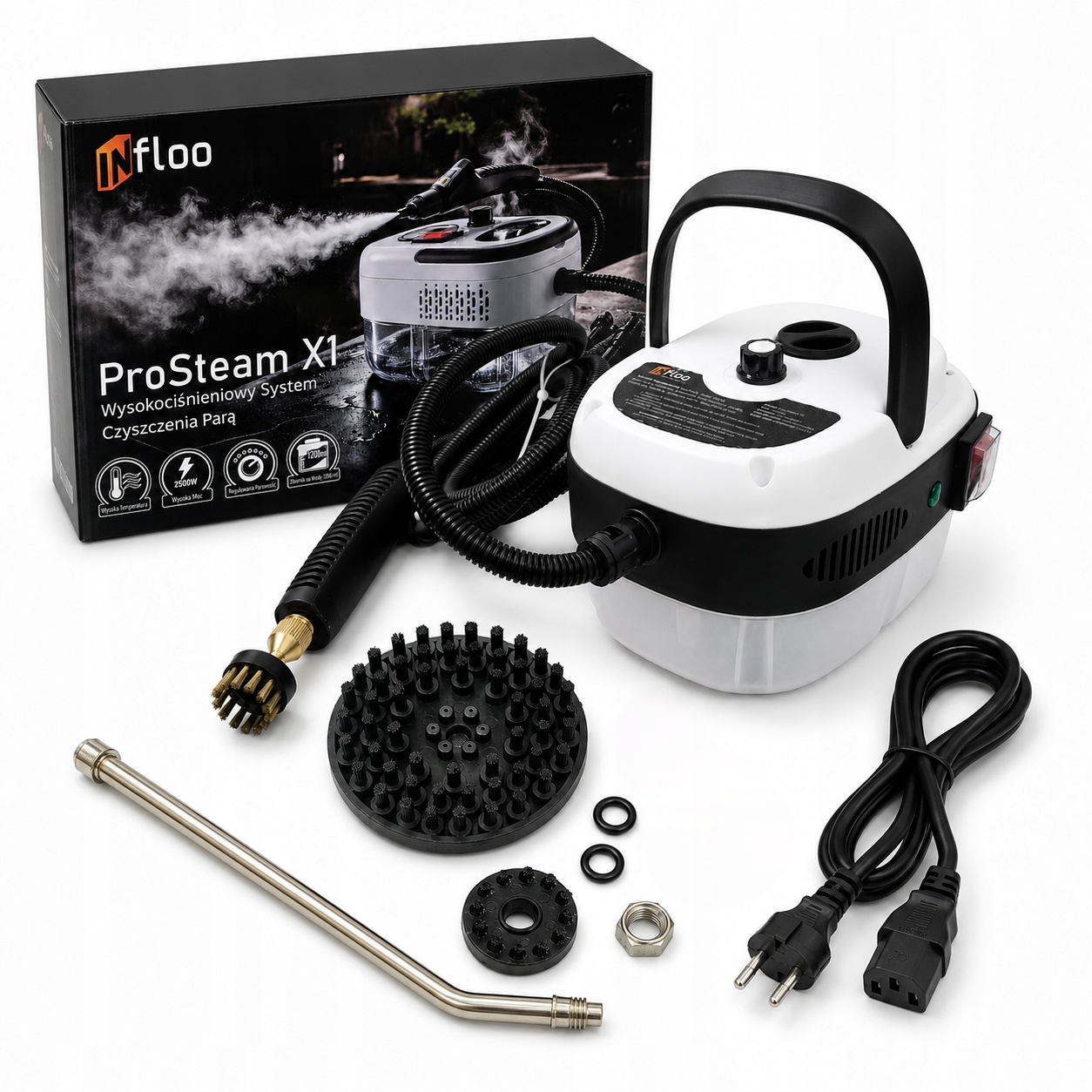 Myjka Parowa INfloo 2500W 6STOPNI Pary 1.2L Do Podłóg Okien Łazienki Kuchni