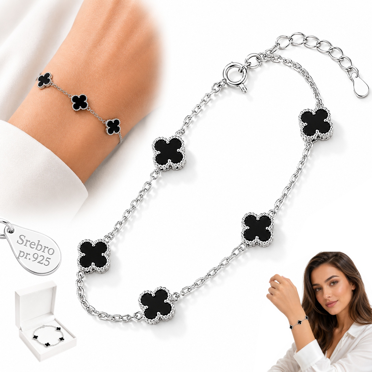 Stříbrný náramek Stříbro 925 Dámská Čtyřlístek Elegantní Onyx jako Dárek