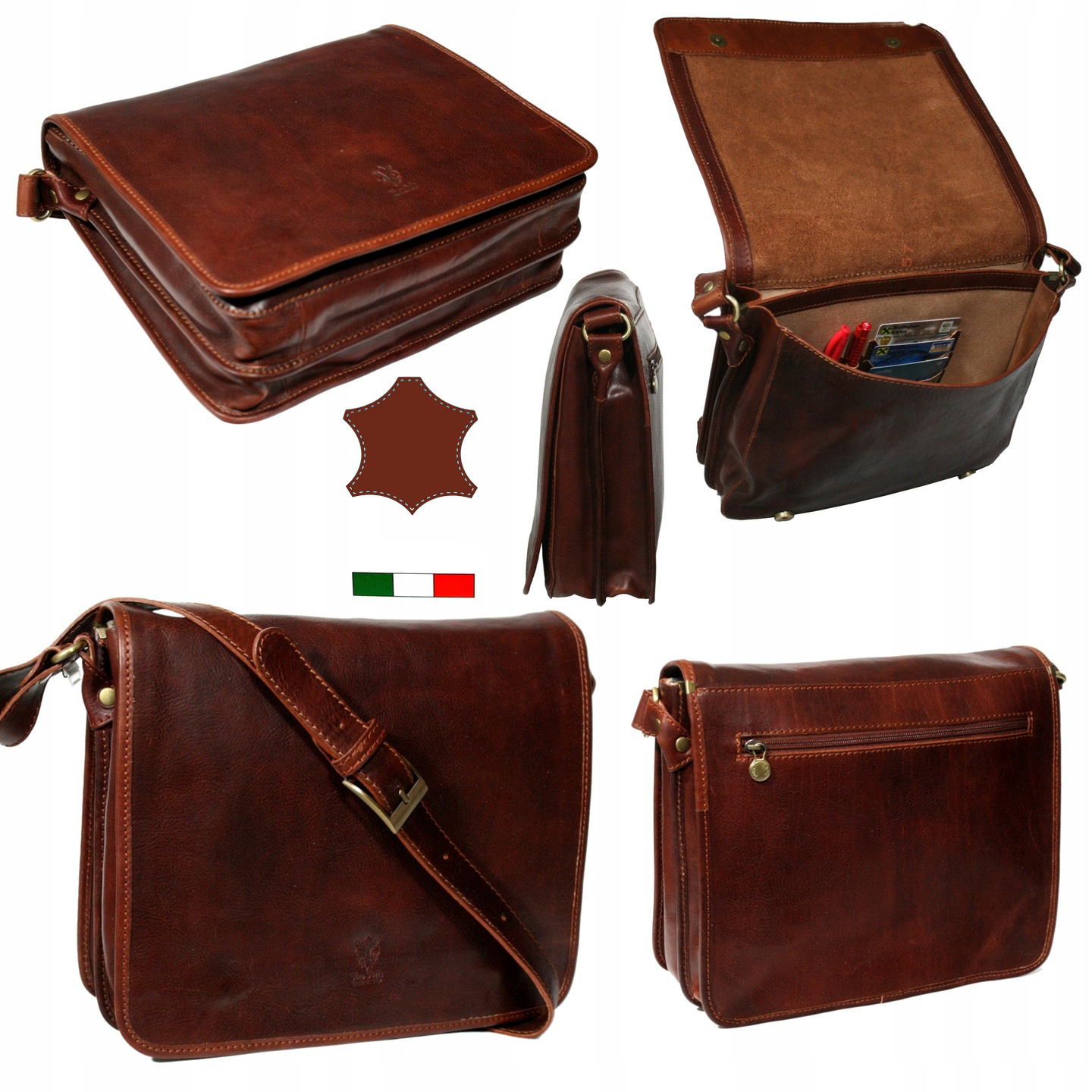 Pánská kožená taška přes rameno velká hnědá italská A4 kabelka přes rameno vintage