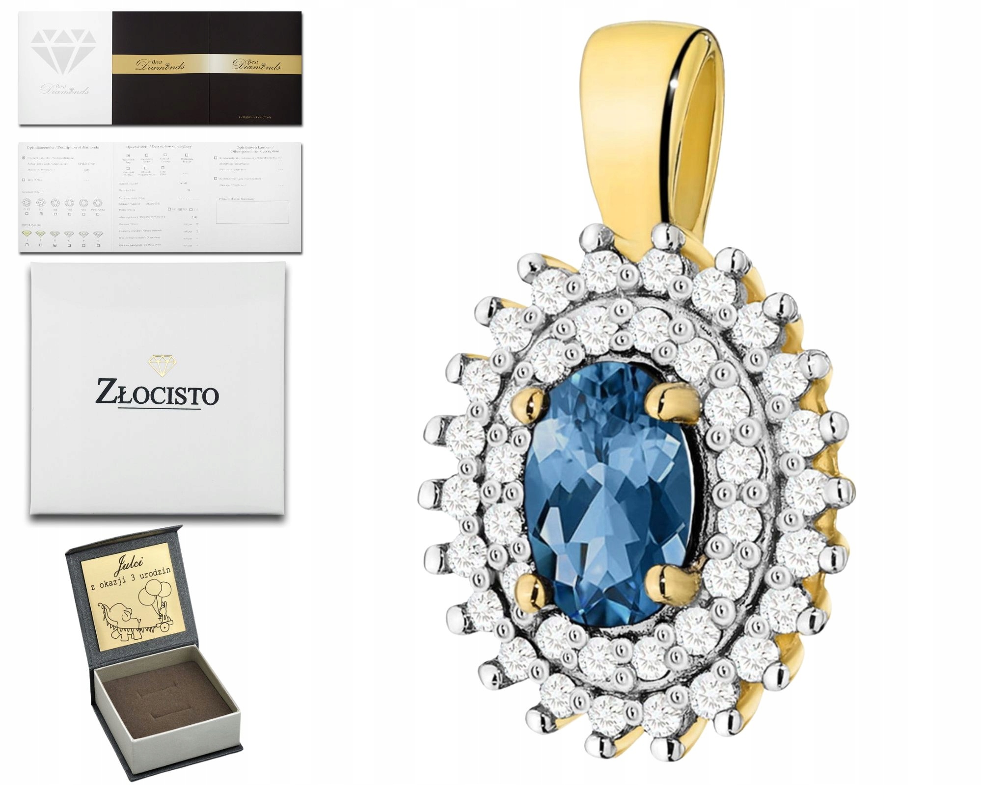 Moderní Přívěsek Přírodní Kámen Topaz London Blue Diamanty Zlato 585