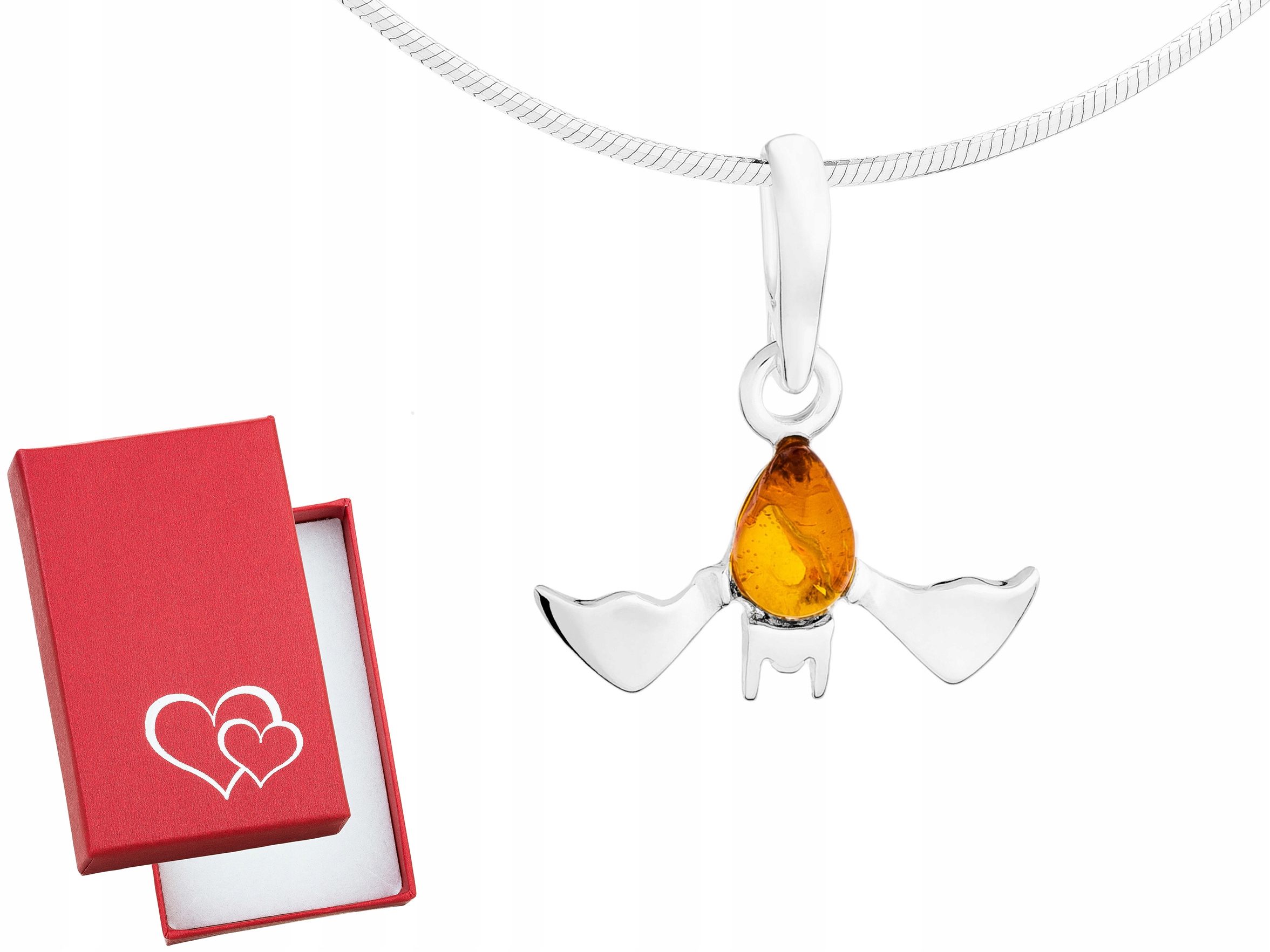 Malý stříbrný dámský náhrdelník s jantarem a netopýrem, dlouhý 75 cm