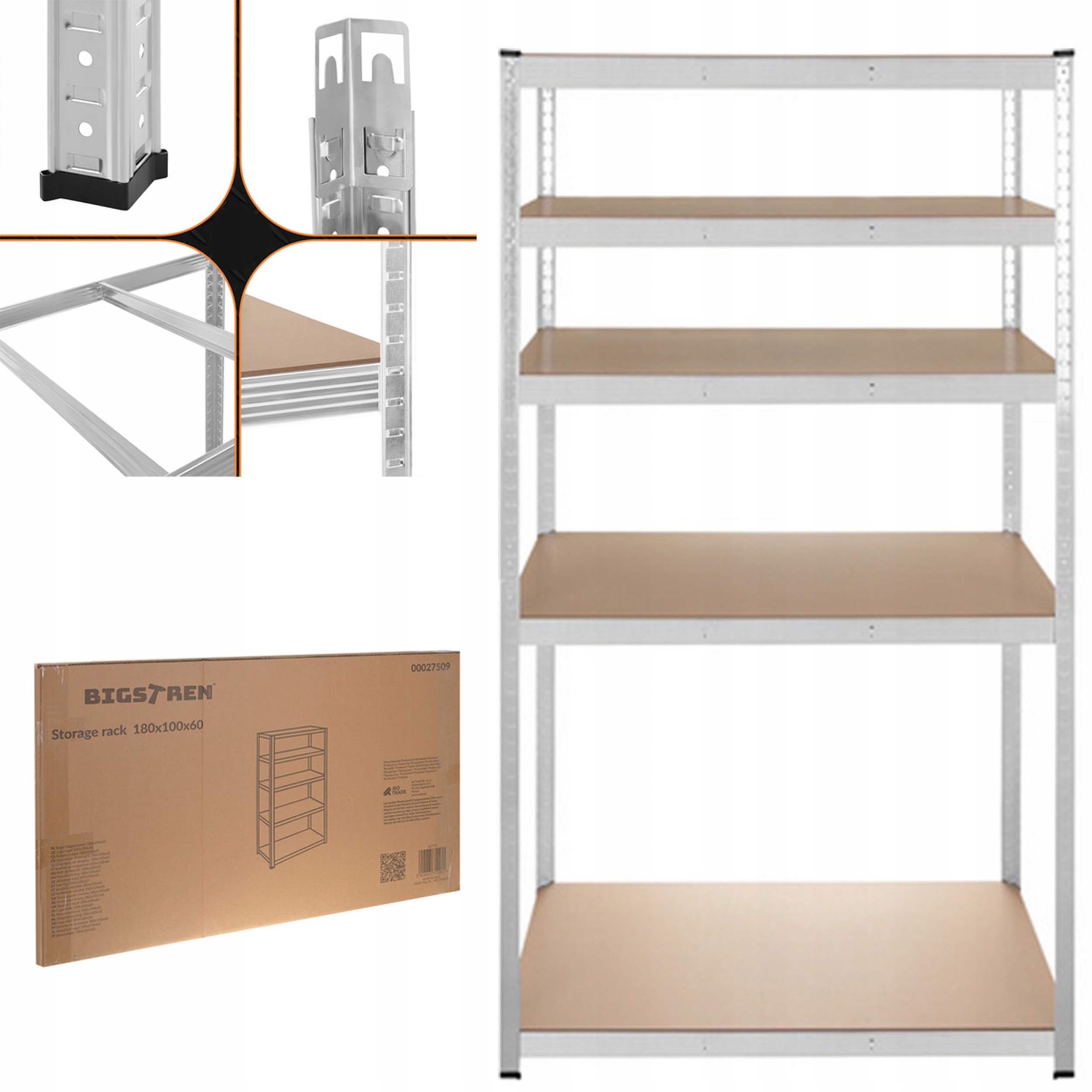 Skladový Regál Pako 5 Polic 180x100x60 cm Stříbrný Nosnost 1000 kg