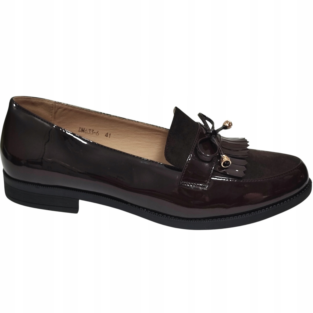 Lakierowane Brązowe Mokasyny Damskie Skórzana Wkładka 42