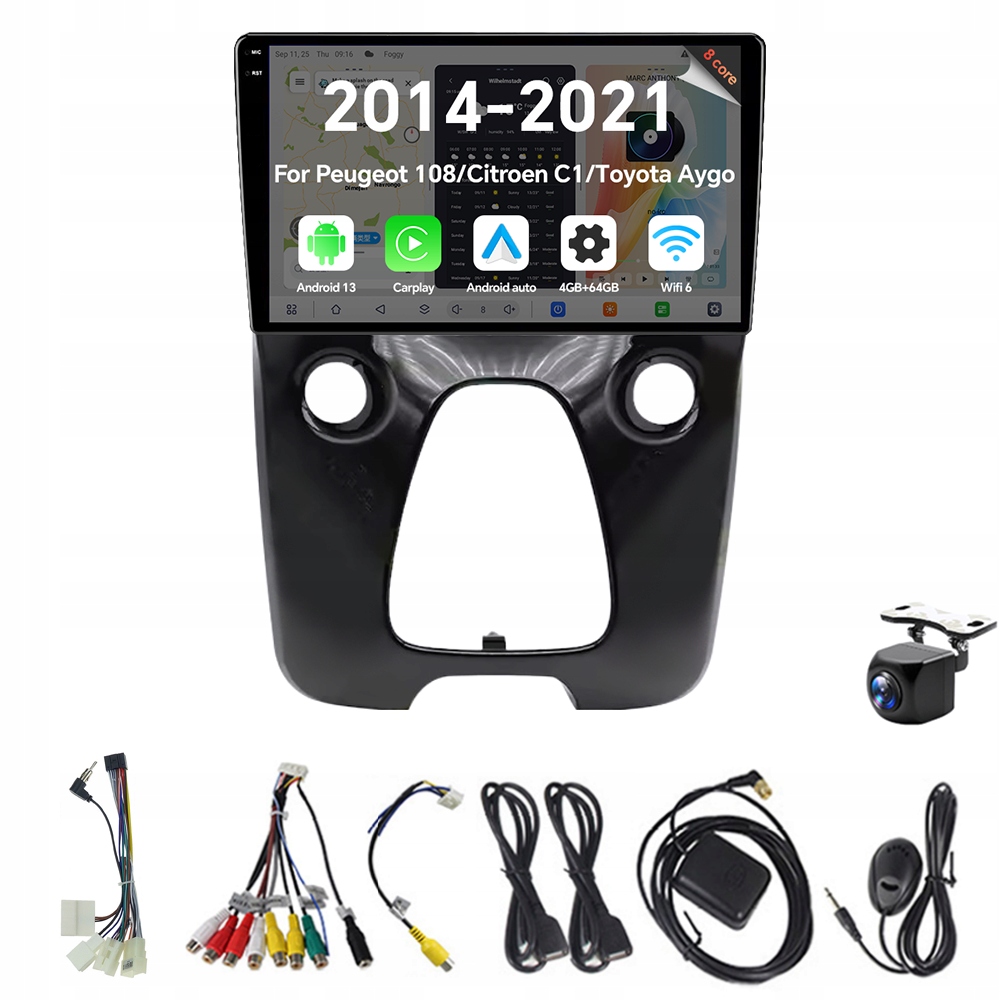 Autorádio 2Din Android 13 pre Peugeot 108 Citroen C1 Toyota Aygo 2014-2021