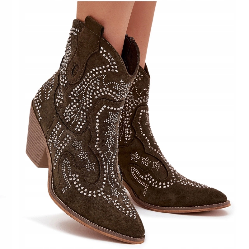 Kotníkové Boty Kovbojské Boty Zdobené Zateplením Na Zip Tmavě Zelené 37