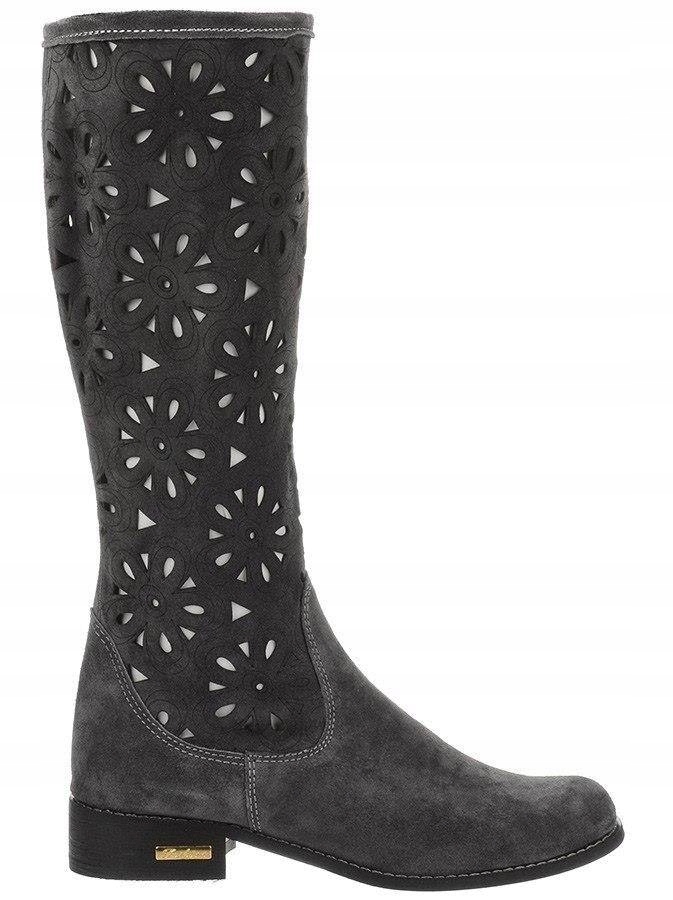 Šedé dámské semišové kozačky s ažurovým vzorem, tmavě šedá barva 37