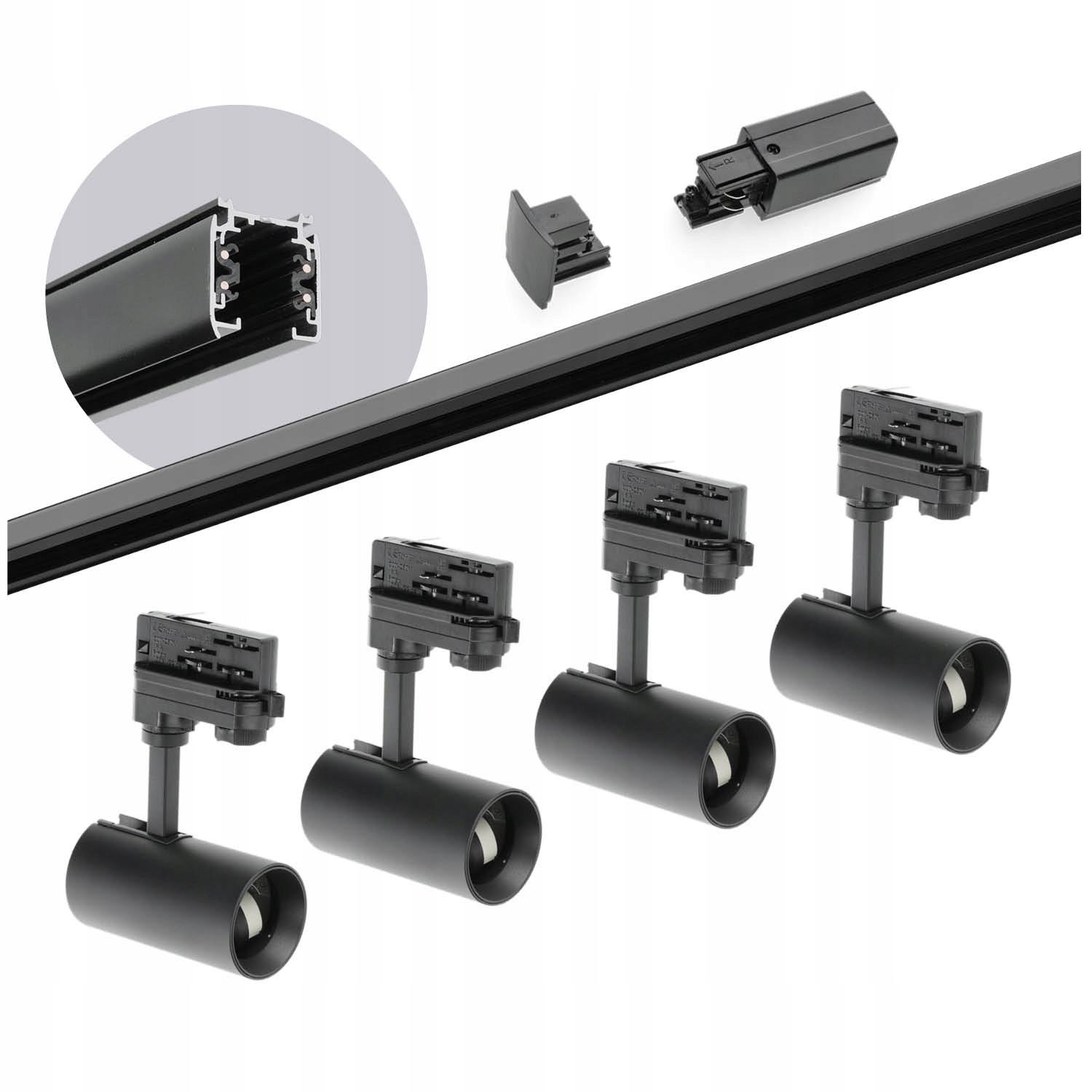 Sada kolejnicová 3-fázová kolejnice 2 m, 4 x lampa Černá kompletní sada