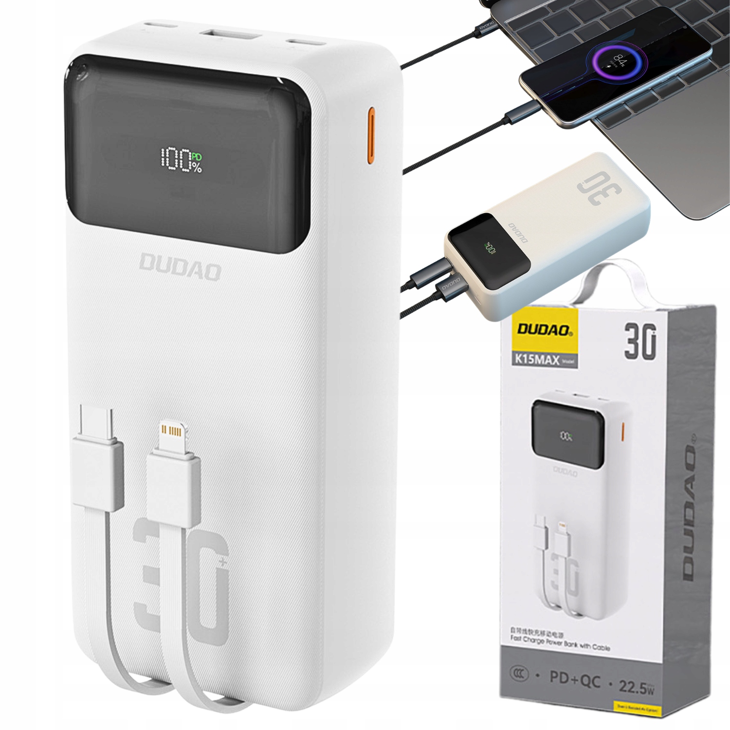 Power Bank 30000 mAh Pd s kabely Rychlé Nabíjení Velmi Velká Kapacita