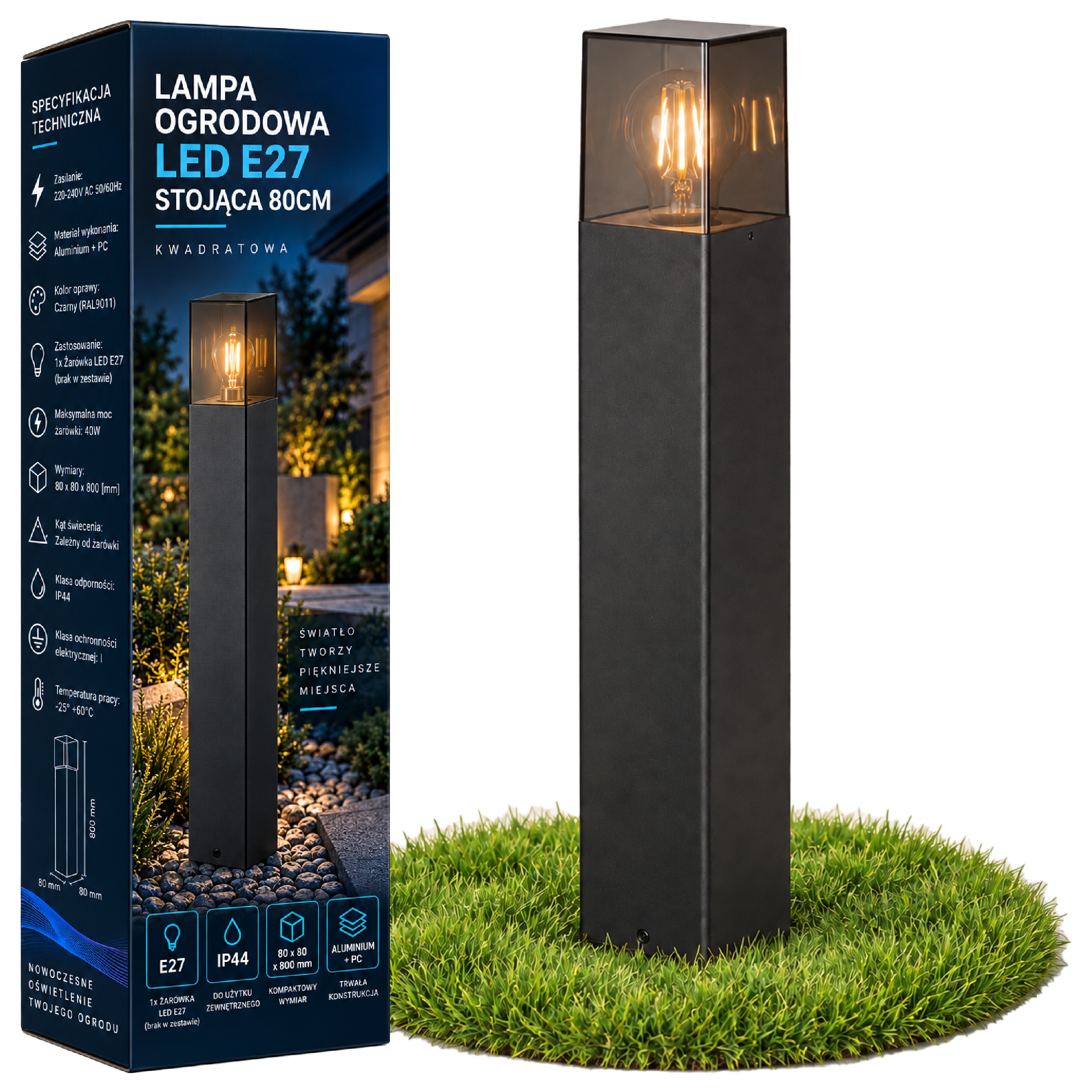 Stojací zahradní lampa s venkovním sloupkem E27 80 cm, čtvercová, černá, vyp2