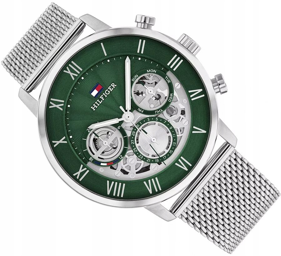 Módní A Elegantní Pánské Hodinky Tommy Hilfiger 1710567 Stříbrno-zelené 44 mm