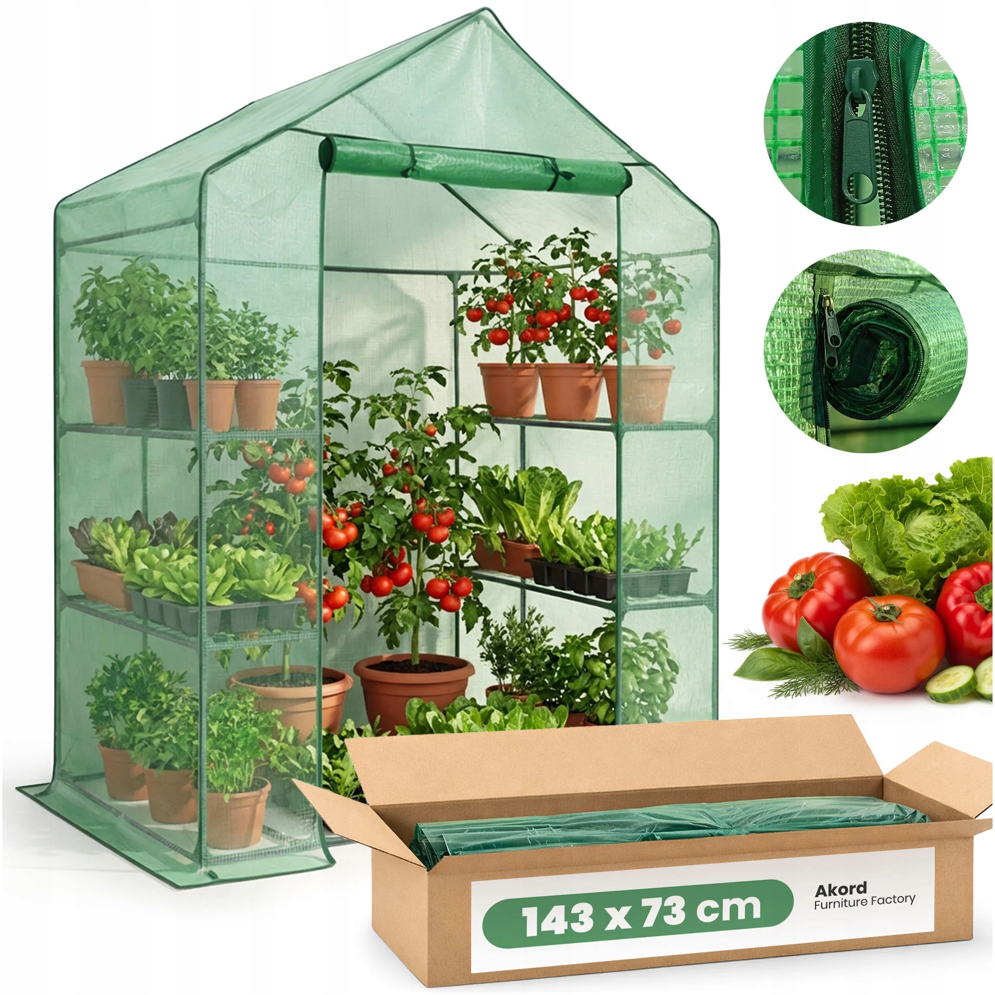 Fóliový skleník domeček s policemi 143 x 73 x 195 cm, zelený, filtrovaný Uv zářením