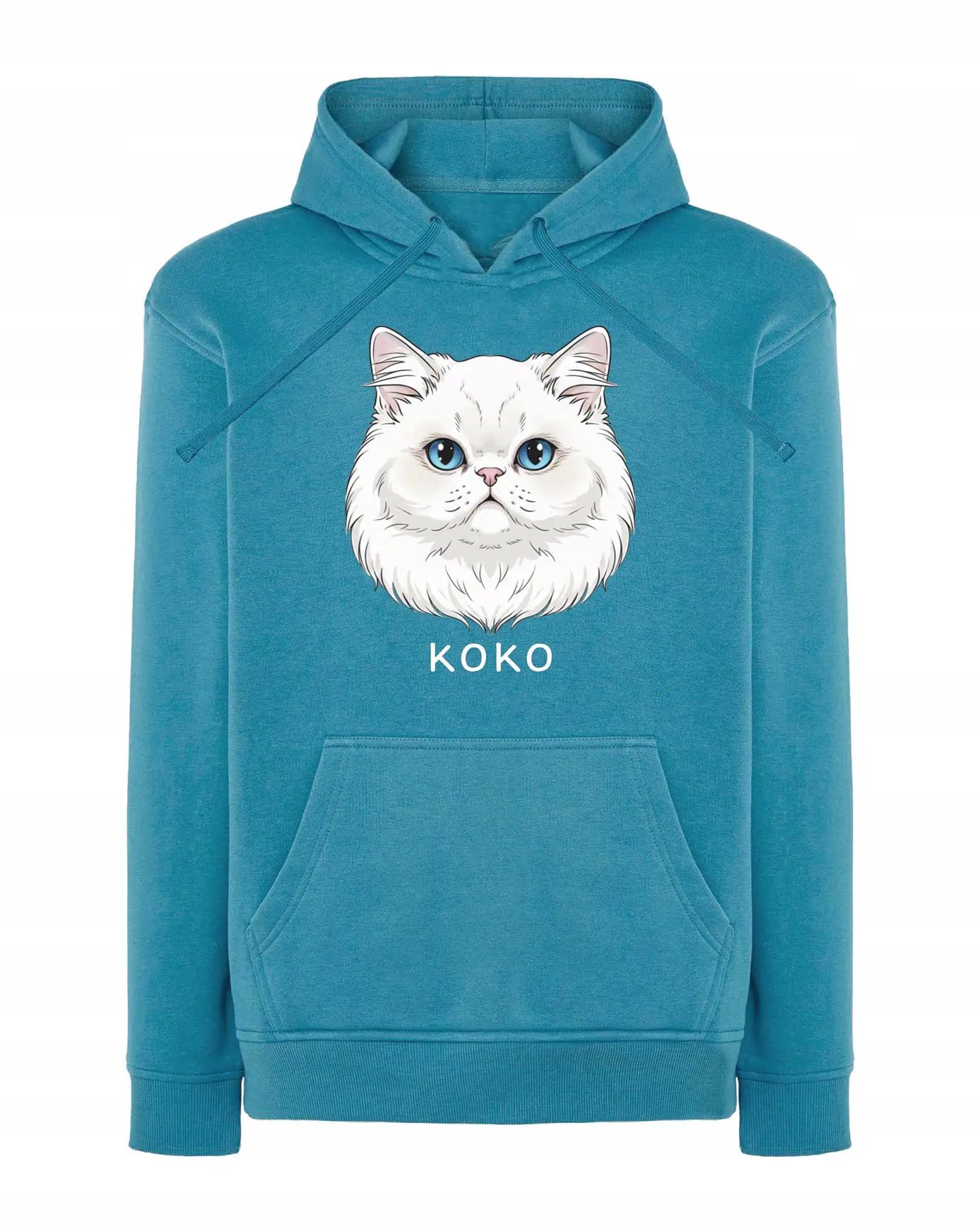 Mikina s kapucí Perská Bílá Personalizovaná Kočka Pupil Světle Modrá M