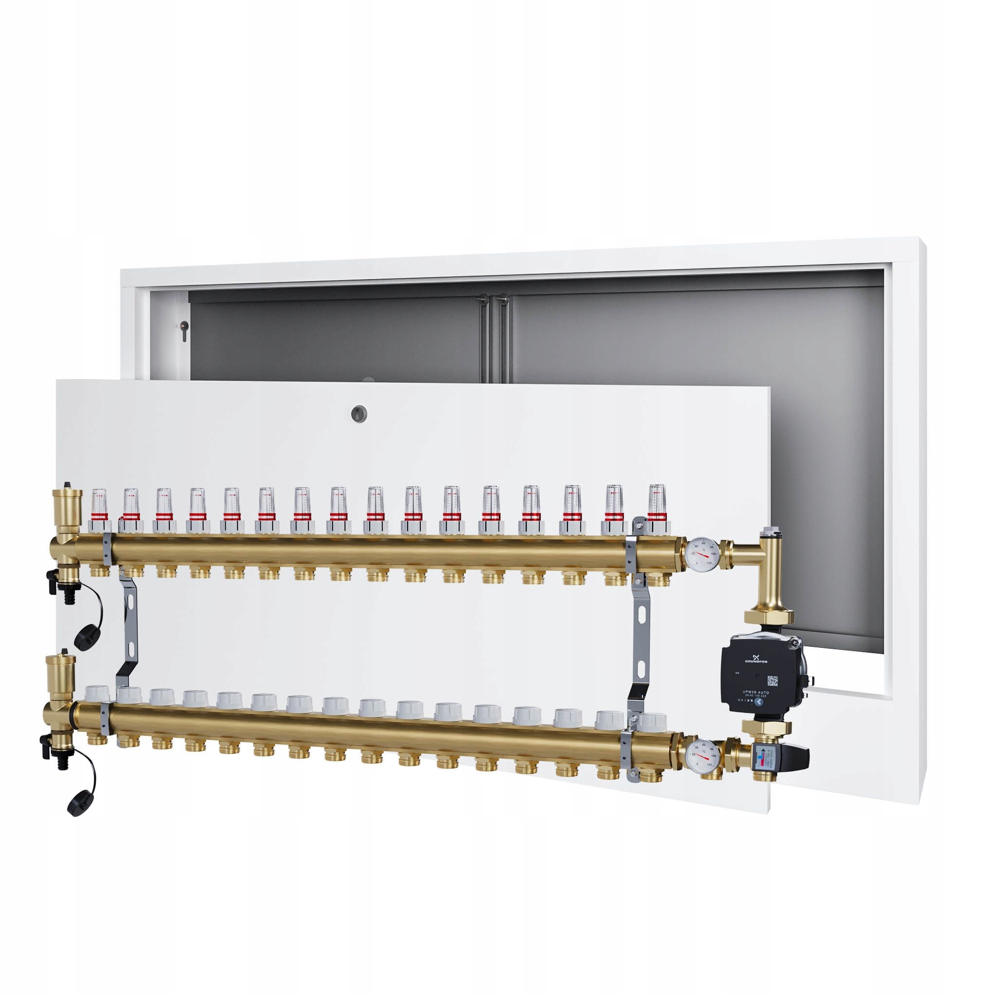 Rozdělovač pro podlahovku 16 s čerpací skupinou Grundfos nástěnná skříňka