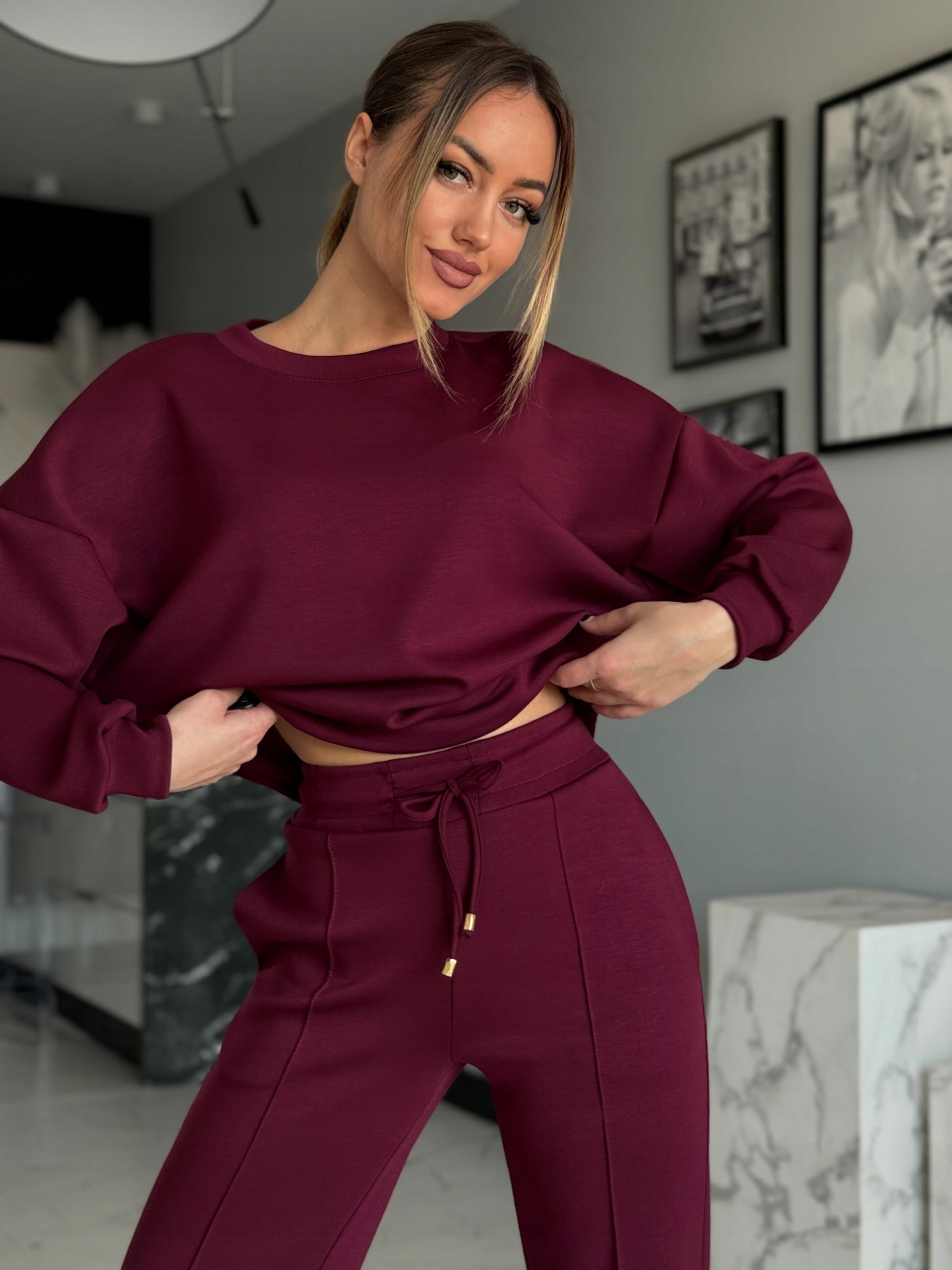 Tepláková Souprava Marina Nová Jarní Kolekce Široké nohavice Bordo L