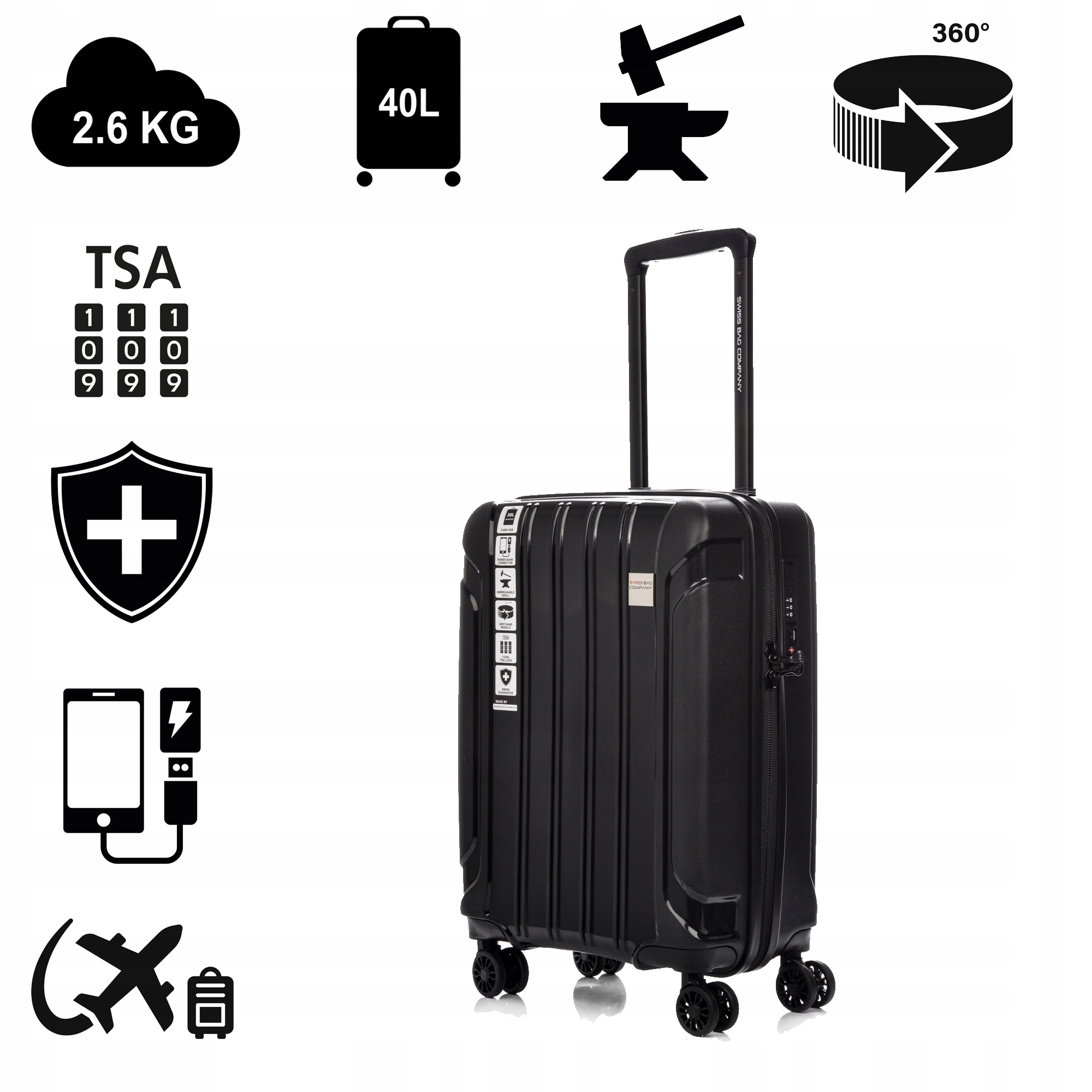 Kabinový kufr na kolečkách z lehkého polypropylenu Tsa zavazadlo 40 l SwissBags 55 cm