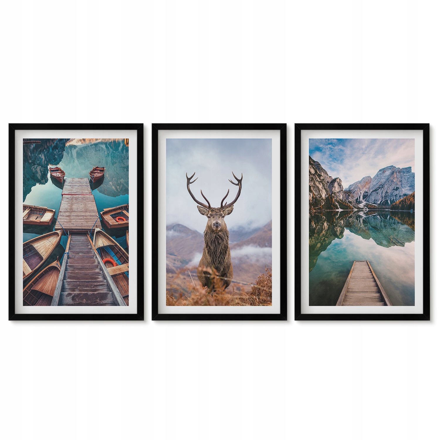 Sada 3 obrazů Triptych Moderní dekorace Jezero Lodě Jelení hory