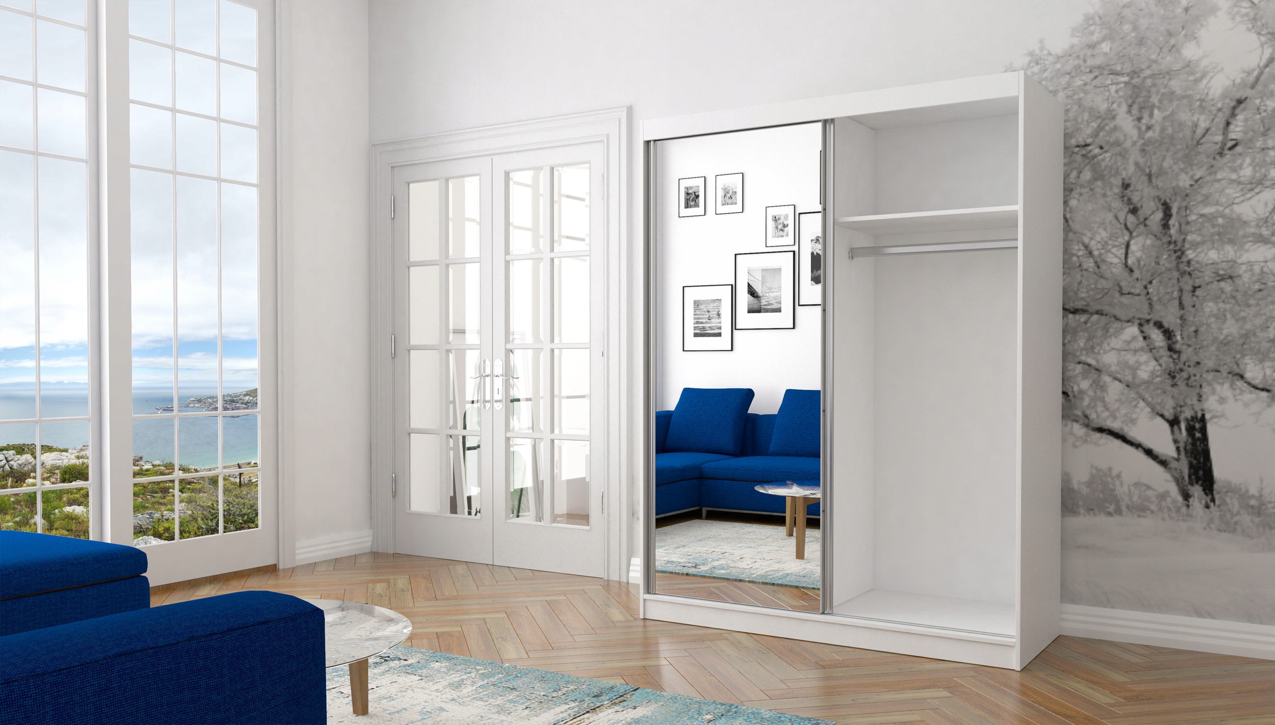 Szafa Przesuwna BONO BIS 05 160 z Lustrem pojemna półki BIAŁY PRODUCENT Głębokość mebla 61 cm