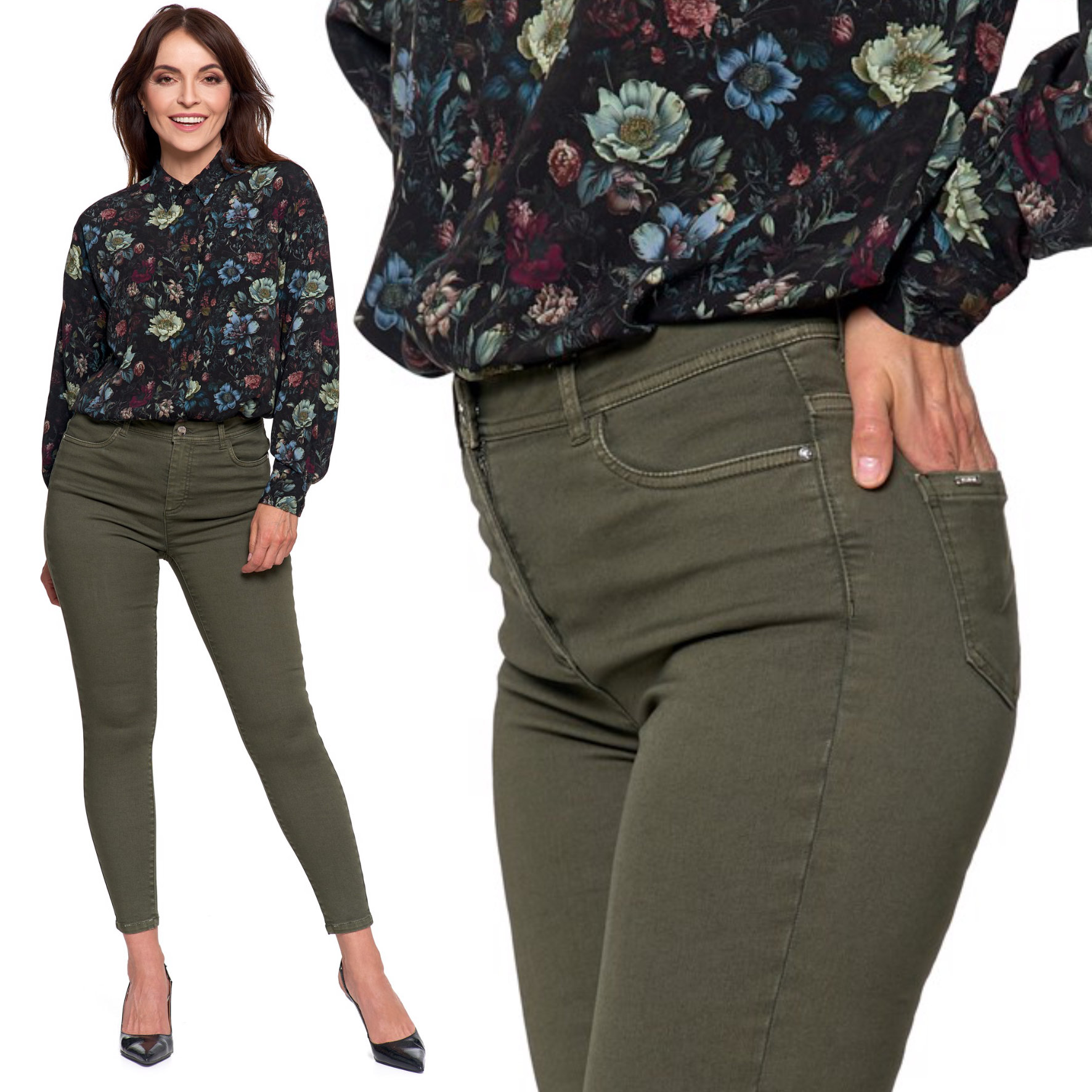 Spodnie Damskie Elastyczne Skinny Moraj Wysoki Stan Zielone XXL