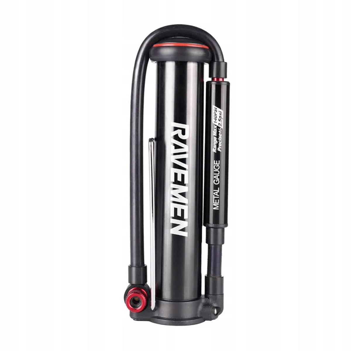 Cyklistická pumpa Ravemen MP02 220PSI, indikátor tlaku, tryska T