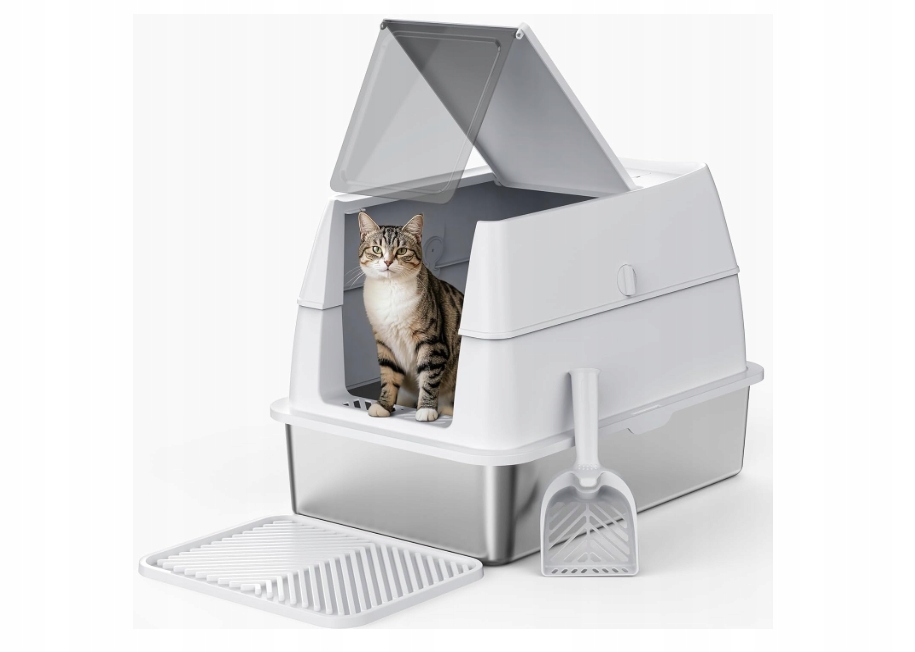 Levně Toaleta Pro Kočky XXL Z Nerezové Oceli Vysoká S Lopatkou A Podložkou