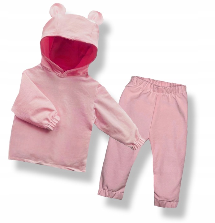 128 Komplet dresowy RÓŻ dziecięcy BLUZA SPODNIE z kapturem uszka BAWEŁNA