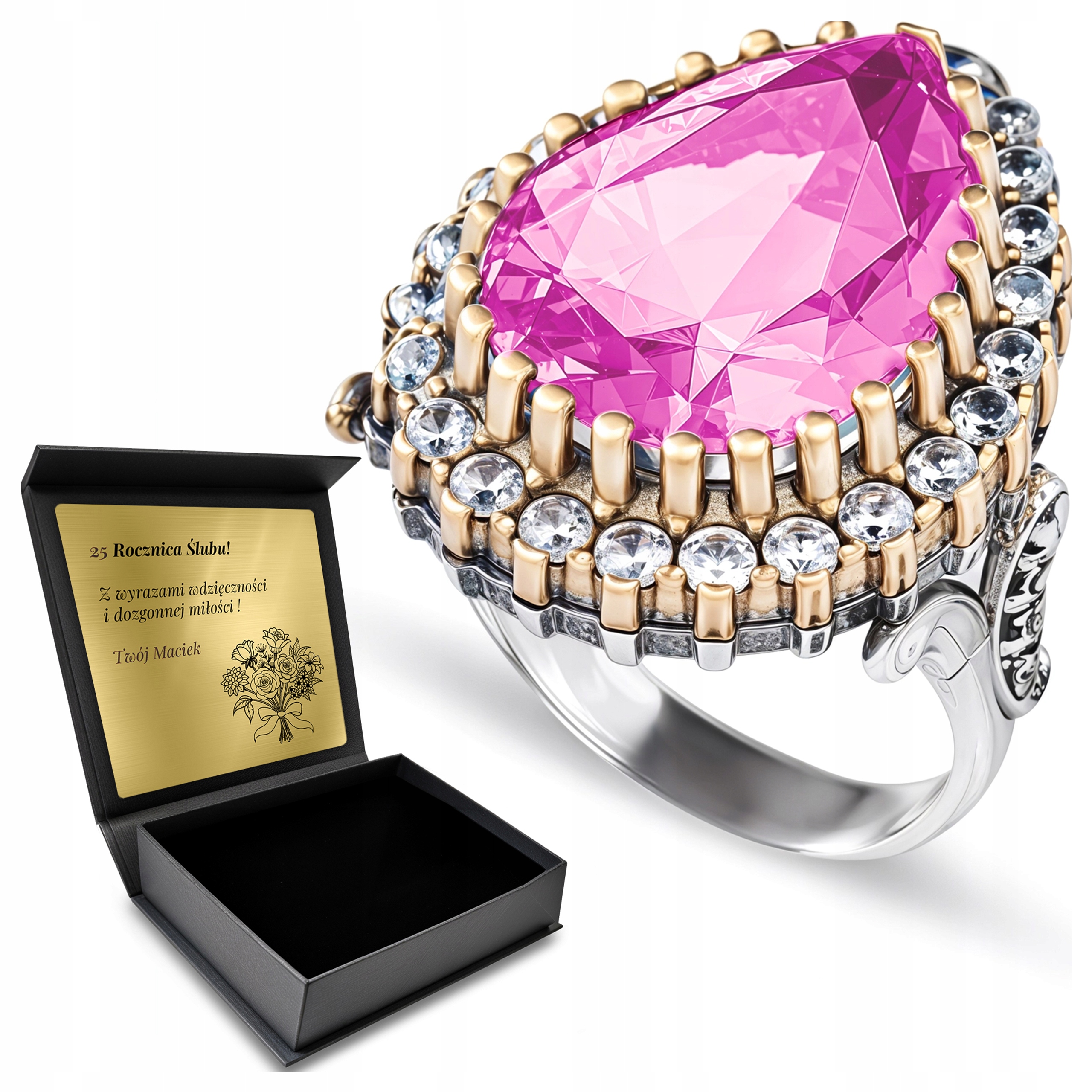 Prstýnek 925 Se Zirkony A Růžovým Topazem Pro Ženu Gravírování