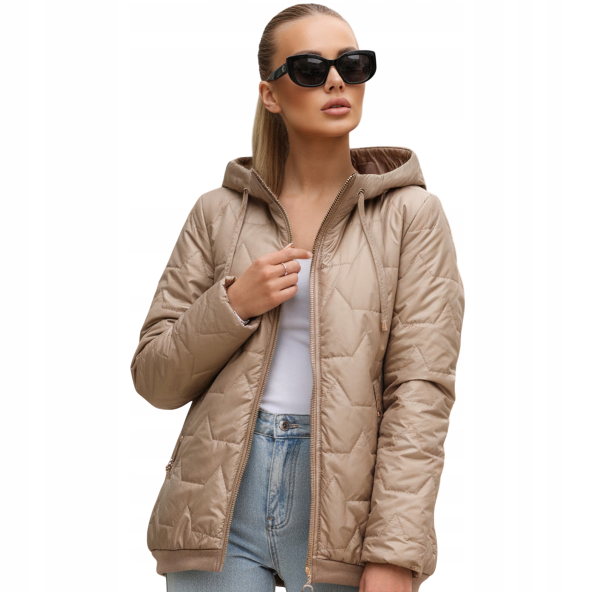 Kurtka damska przejściowa pikowana z kapturem beżowa TY5547 L