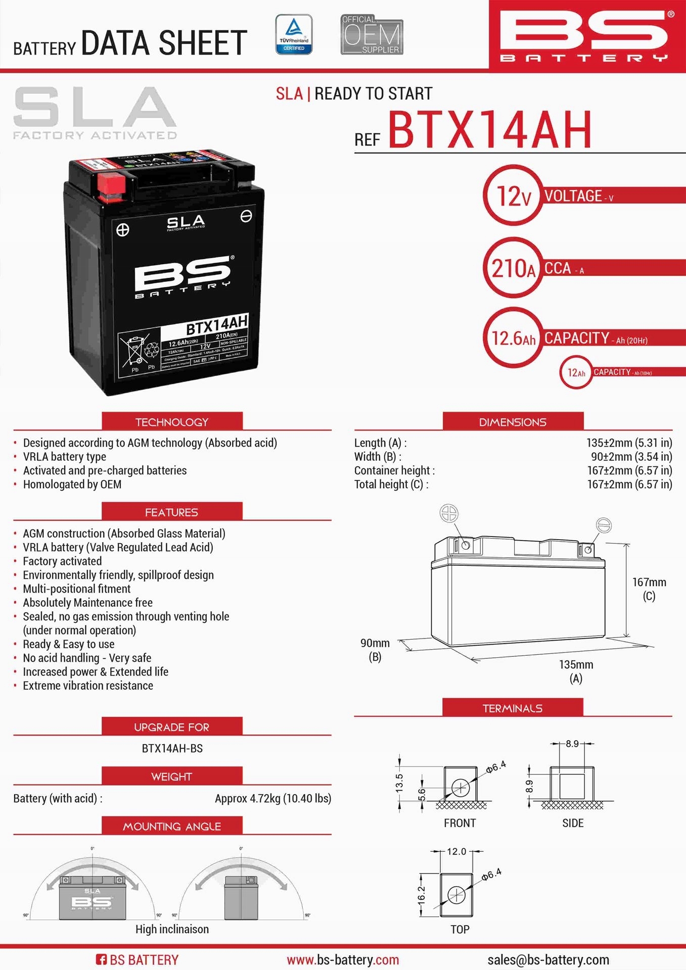 Bs Batéria BTX14AH (fa) (YTX14AH-BS) 12V 12AH 135X90X167 Bezúdržbový