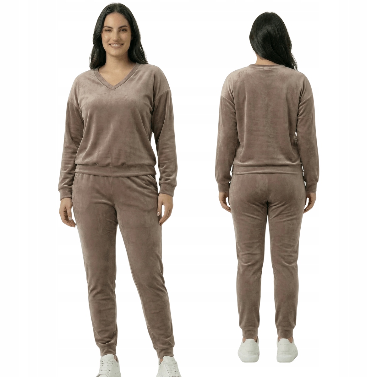 Velurový tepláková souprava plus size mikina s výstřihem do V 556 cappuccino XXL