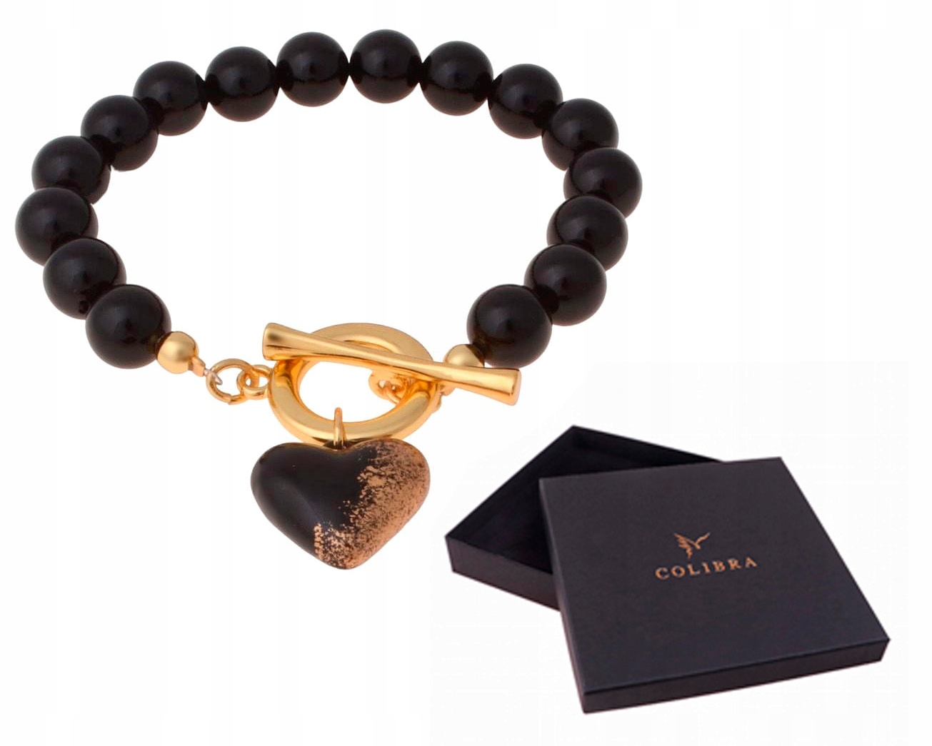 Černý Náramek Ze Sopečné Lávy Zlaté Zapínání Prasklé Srdce Colibra