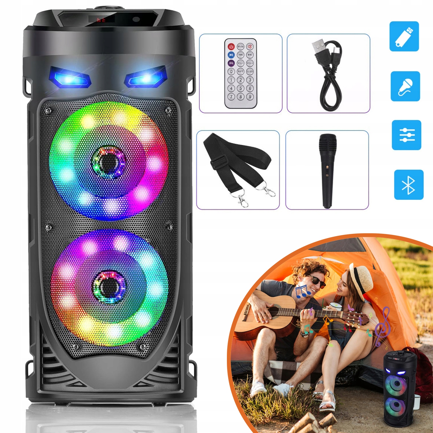Duży Głośnik Boombox Bluetooth Przenośny Karaoke Rgb Głośnik Bluetooth