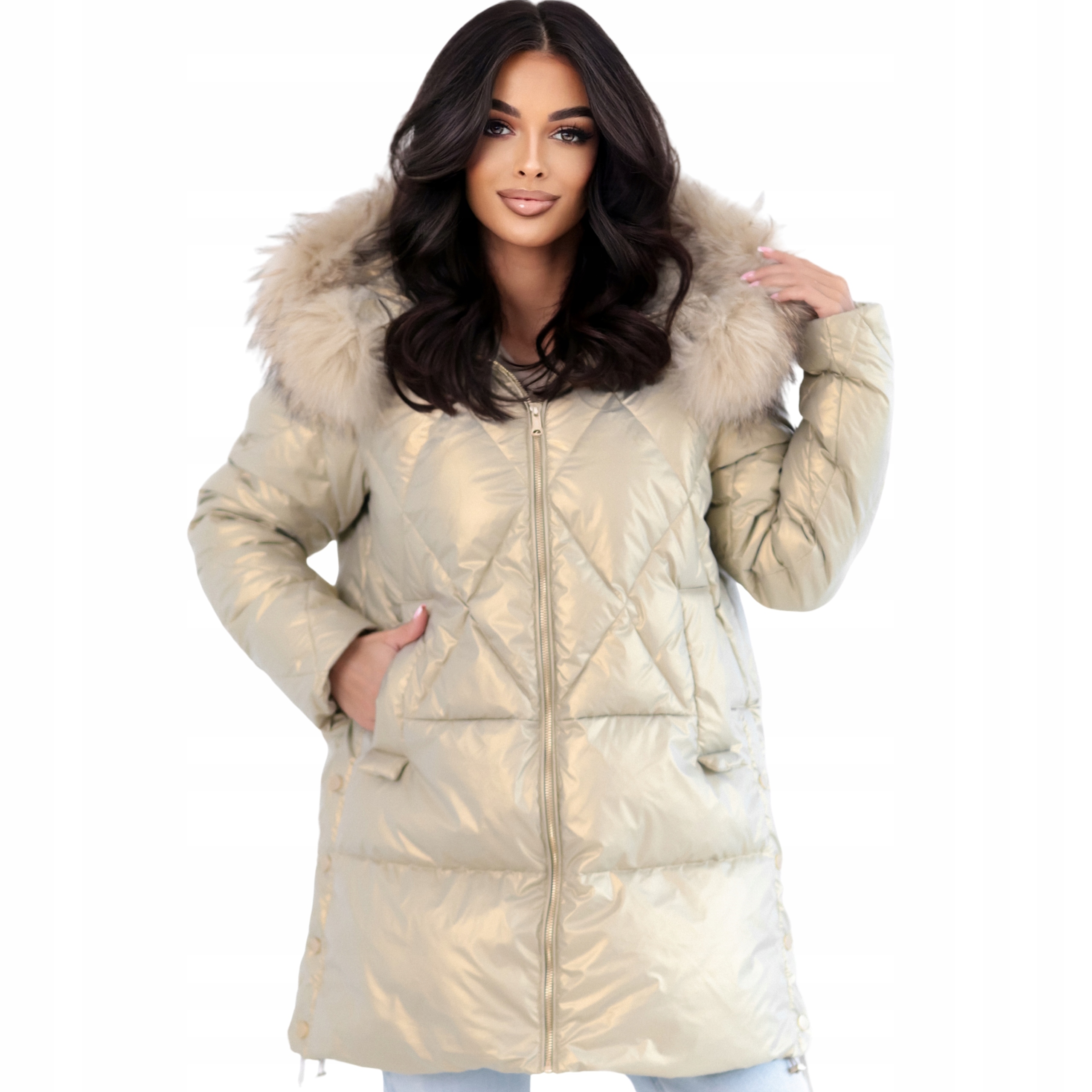 Dámská prošívaná péřová bunda Premium s zatepleným kabátem jenot gold 42 44 L