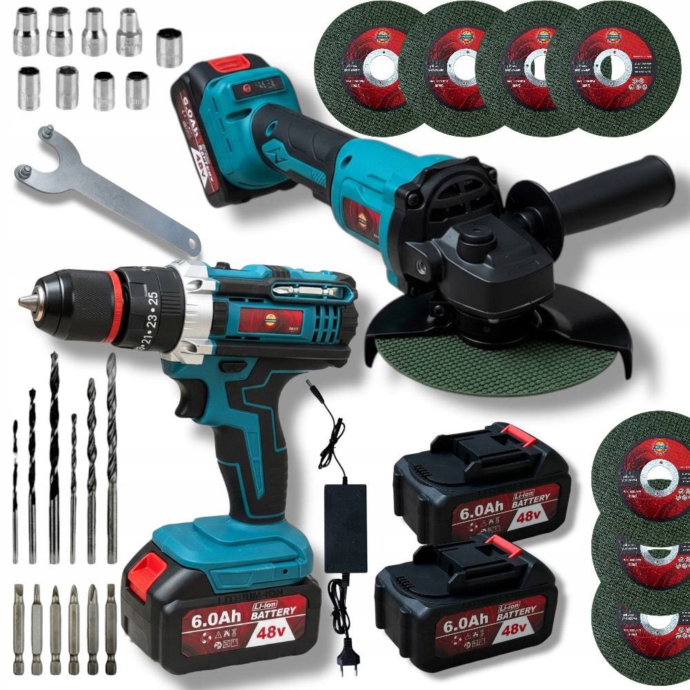 Zestaw Szlifierka Kątowa Wkrętarka Udarowa 48V 2 Baterie Li-Ion