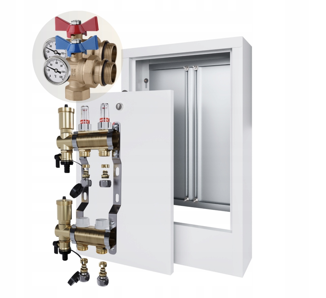 Rozdělovač podlahového vytápění 2 skříňka na omítku+PEX+ÚHLOVÝ Kulový Ventil