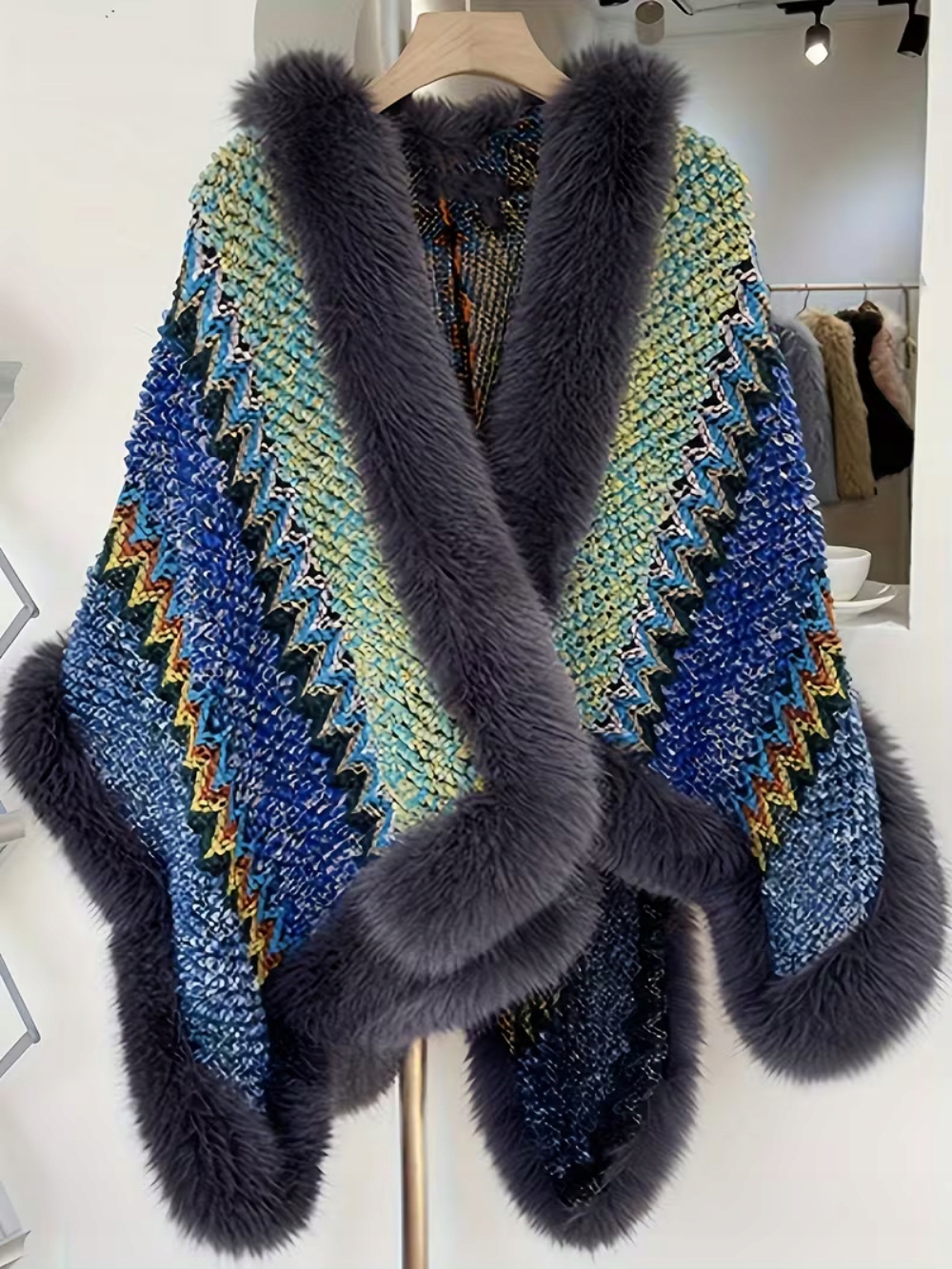 Poncho Pončo Kožešina medvídek pocahontas Přehoz tkaný Boho Černý Barva Glam