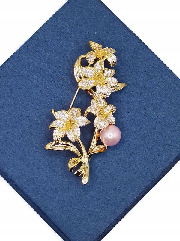 Luxusní Brož Větvička Lilie 14K Zlato Dárek Krabička