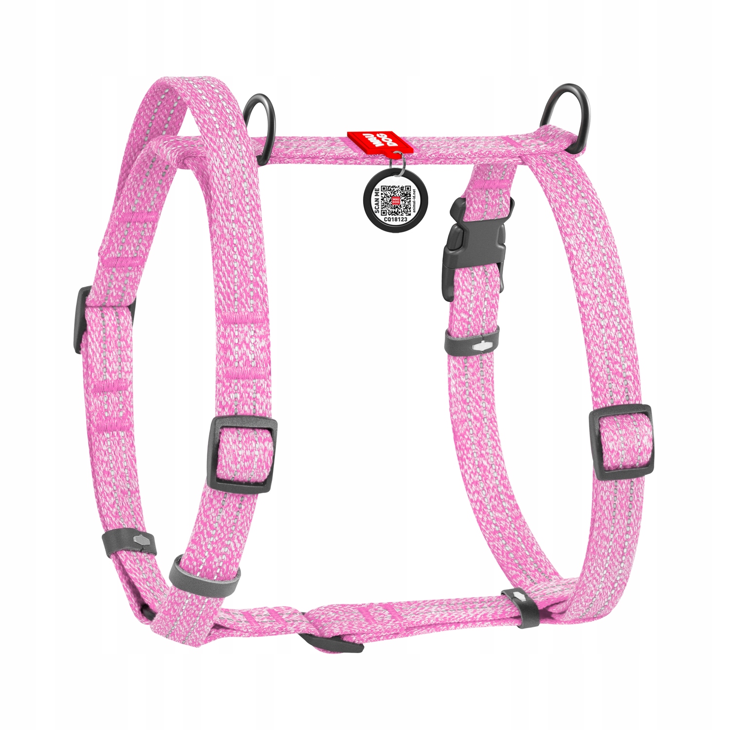 Postroj pro psa s rukojetí, bavlněný, reflexní, s Qr kódem, růžový, vel. L