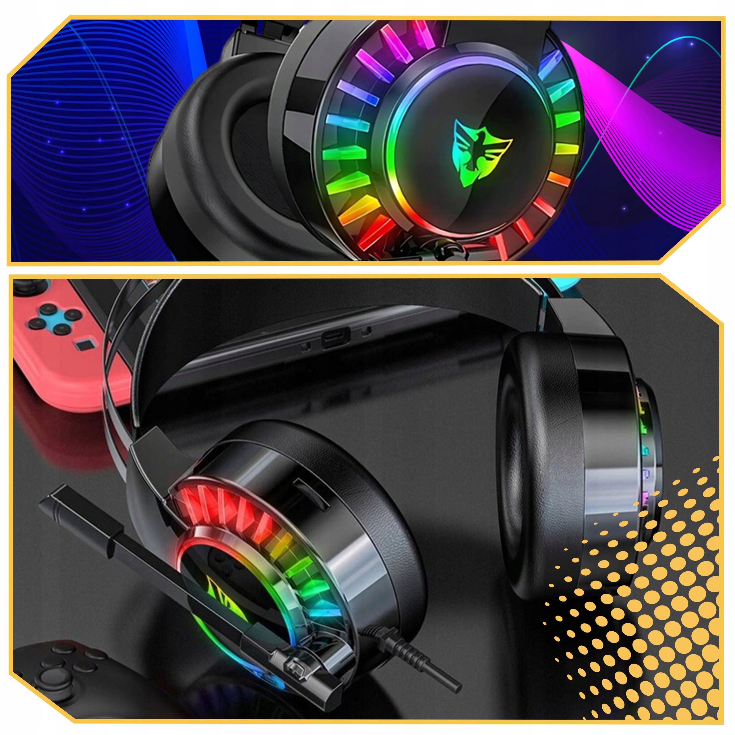 SŁUCHAWKI GAMINGOWE DLA GRACZY PRZEWODOWE Z MIKROFONEM LED RGB PC NAUSZNE Mikrofon tak