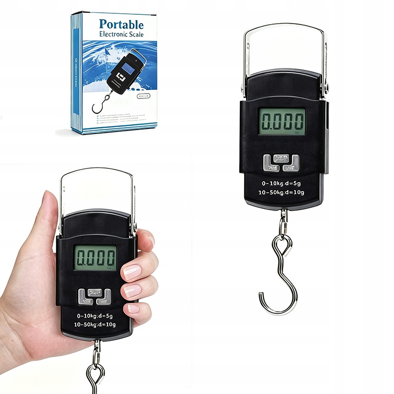 Elektroniczna Waga Bagażowa z Haczykiem, Cyfrowa LCD, Kompaktowa, do 50kg (Także do Ważenia Ryb)