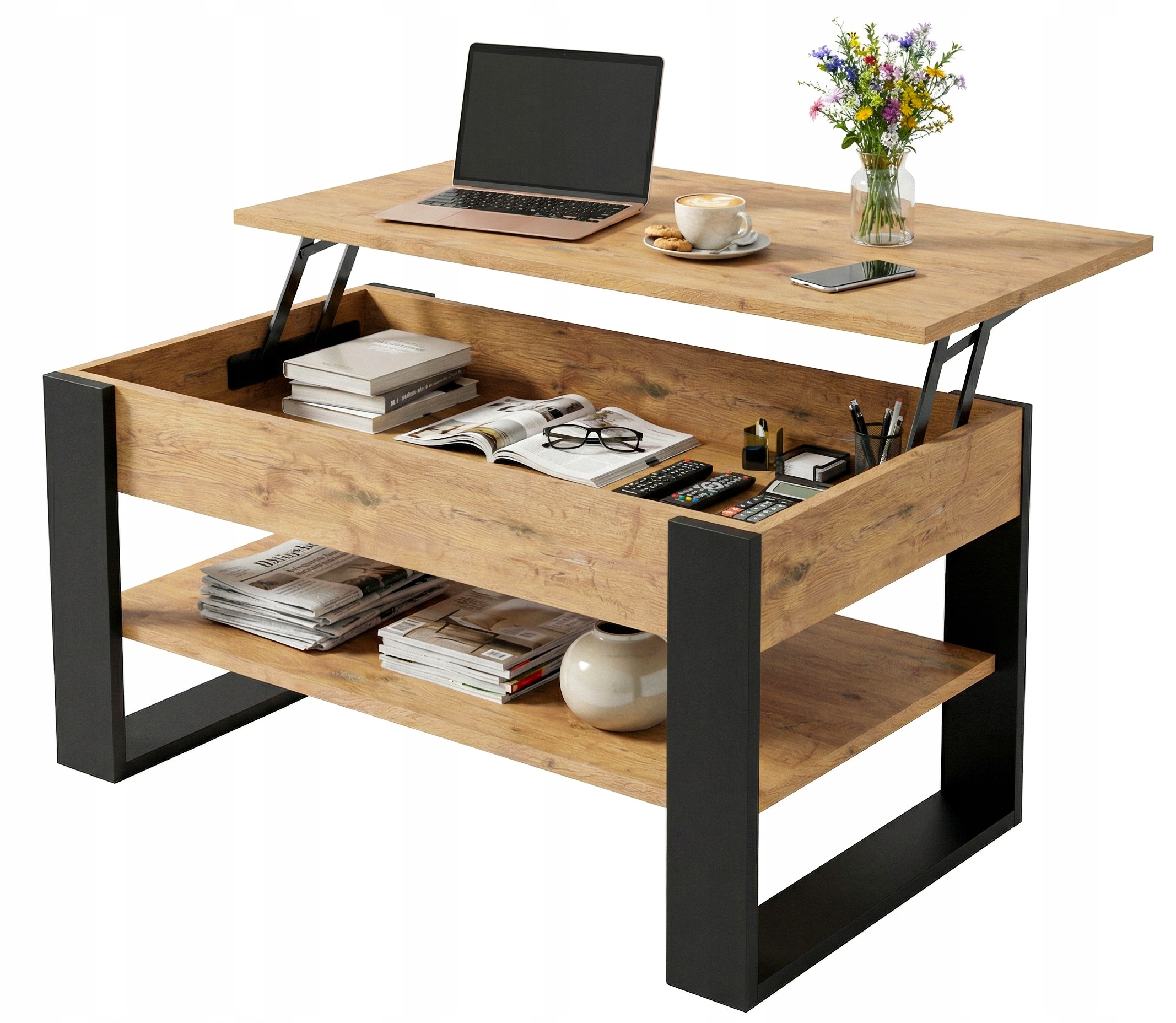 Kávový stolek Top 92 cm Zvedací úložný prostor Dub Lancelot/Černá 92x54,2