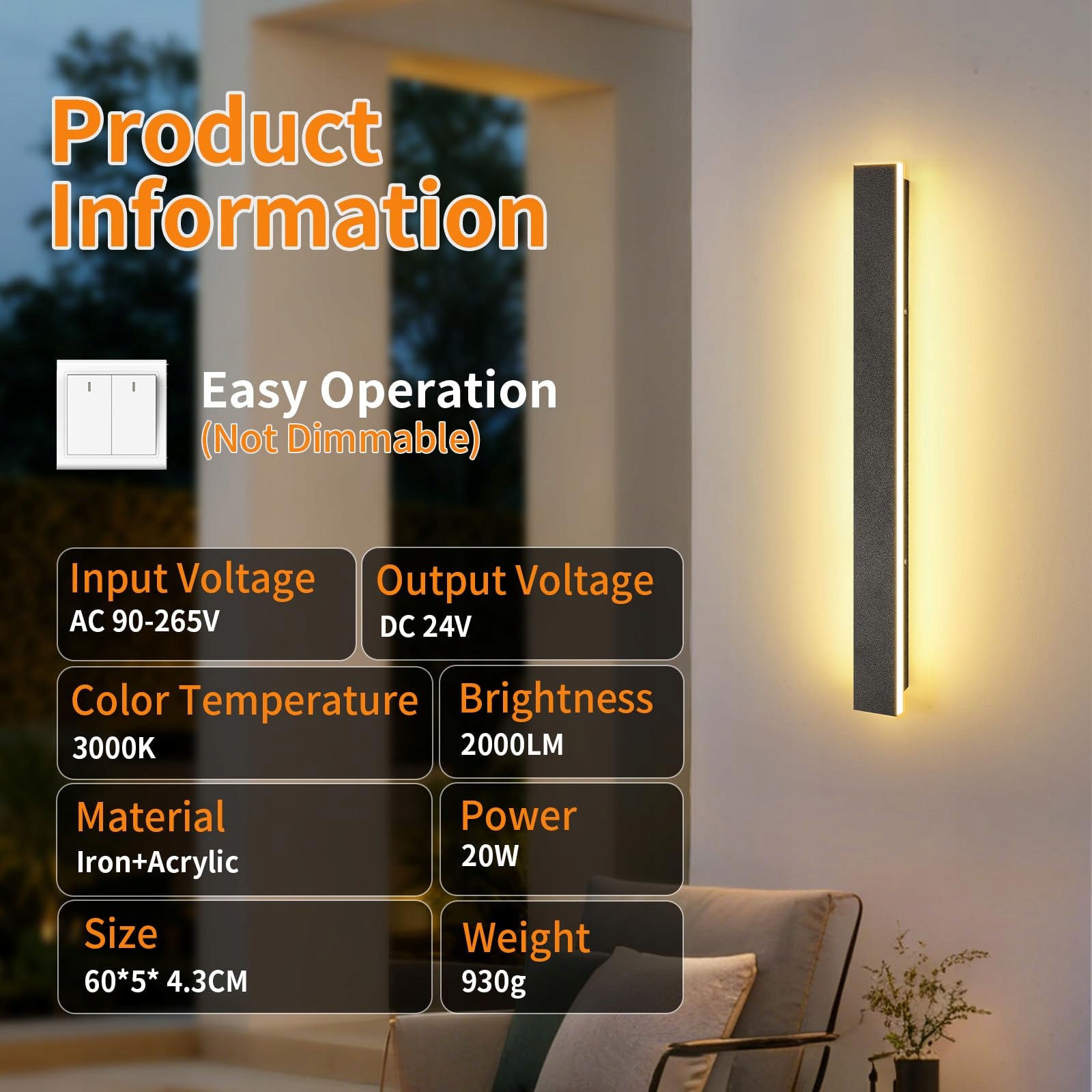 KETOM Nowoczesna Czarna Lampa Ścienna LED IP65 do Ogrodu i Wnętrz 60CM — miniatura 3
