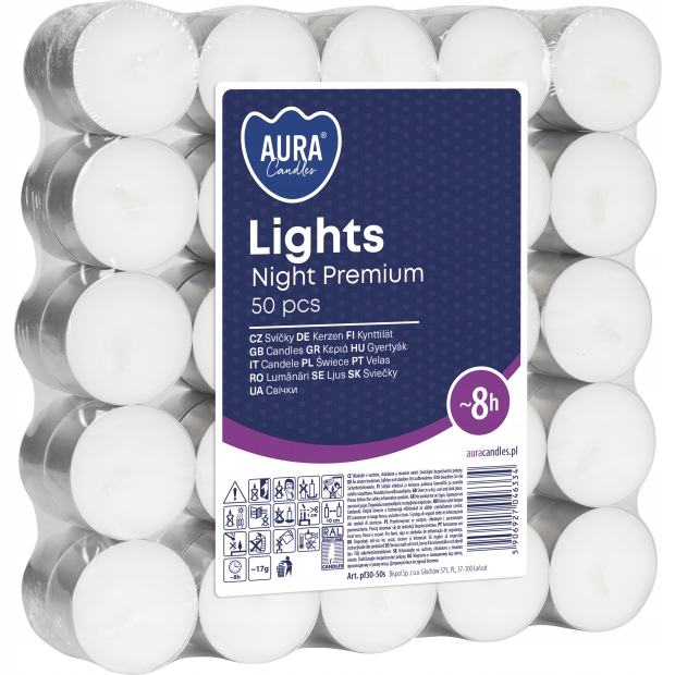 ŚWIECZKI Aura TEALIGHTY NIGHT pf30-50s 8h BISPOL 50 szt.