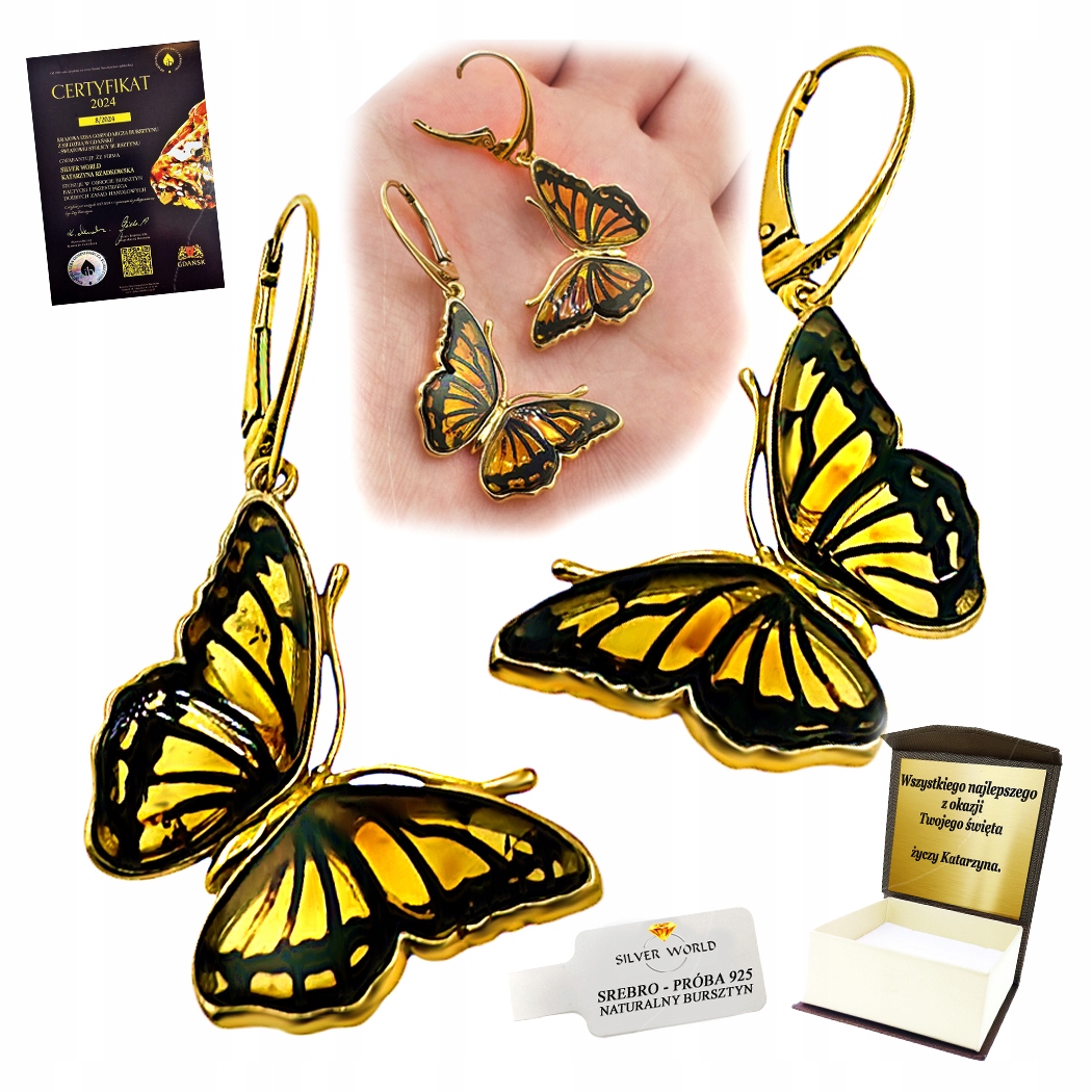 Stříbrné Náušnice S Jantarovou Závěskou Pozlácené Krásné Motýlci Gravírování Bonus