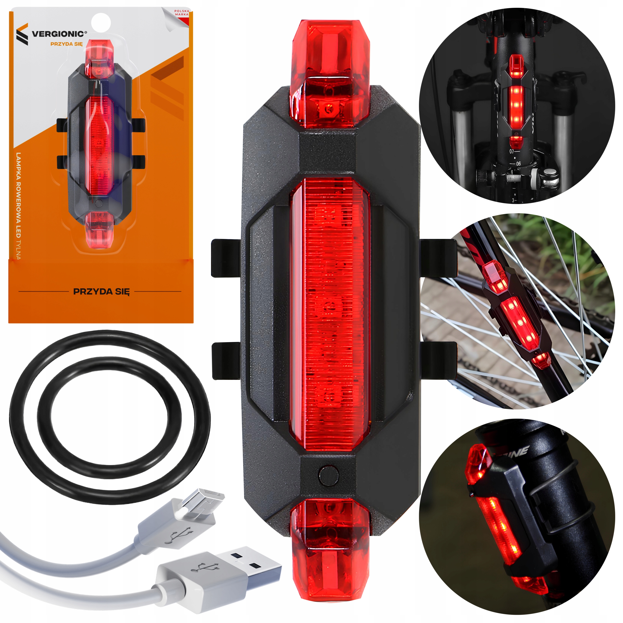 Lampka rowerowa latarka LED tylna mocna oświetlenie USB Marka Vergionic