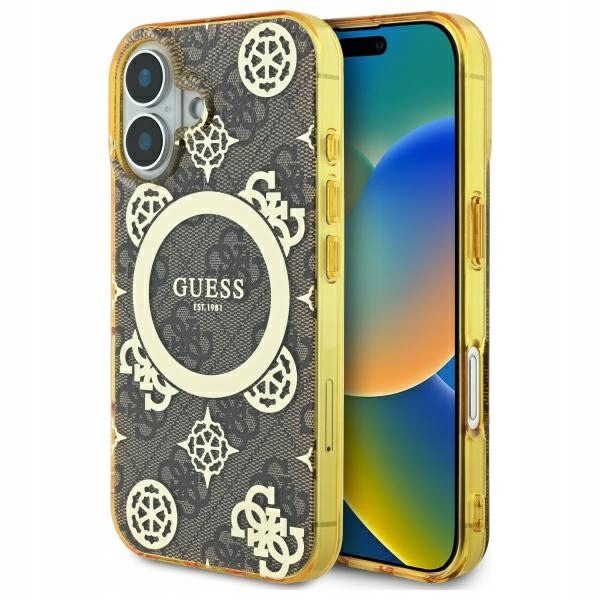 Pouzdro na iPhone 16 hnědé MagSafe hardcase IML Peony On 4G zadní kryt Guess