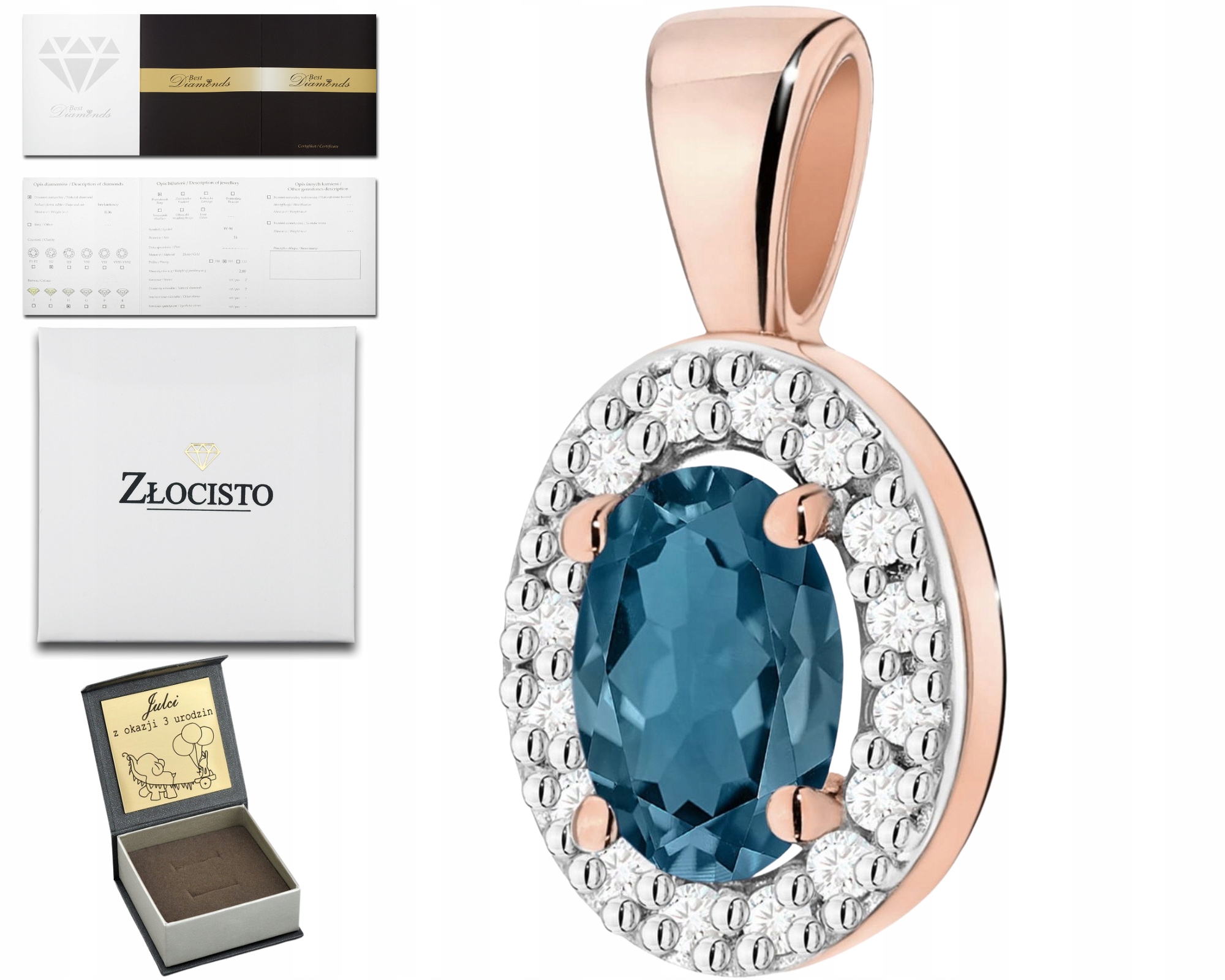 Růžové Zlato Přívěsek Přírodní Kámen Topaz London Blue Diamanty Zlato