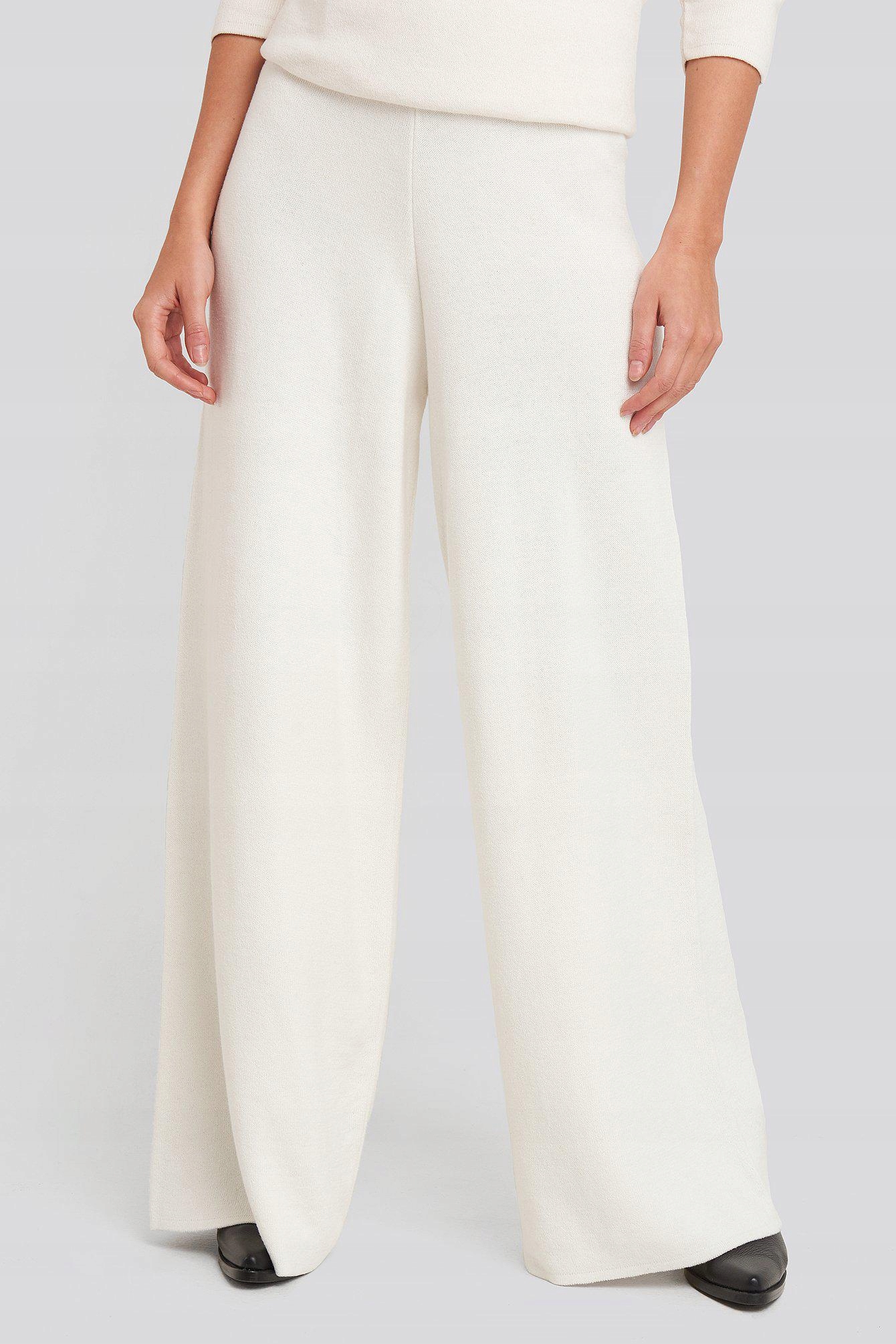 NA-KD DZIANINOWE SPODNIE ECRU SZEROKIE NOGAWKI 38